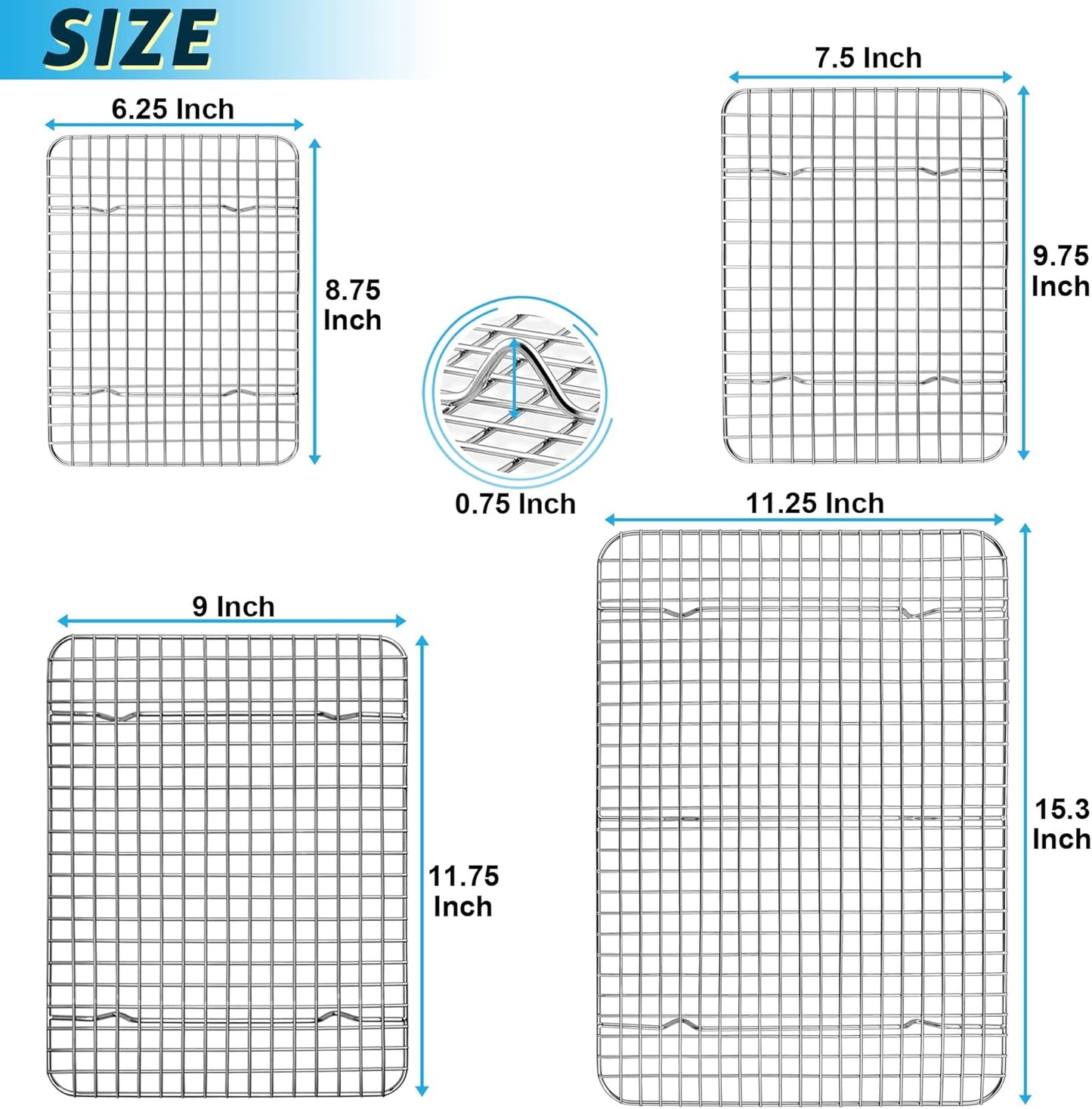 TeamFar Cooling Rack Set of 4, Stainless Steel Grid Cooking Roasting Racks for Various Size Baking Sheet Toaster Oven Pan, Healthy & Heavy Duty, Mirror Finish & Dishwasher Safe