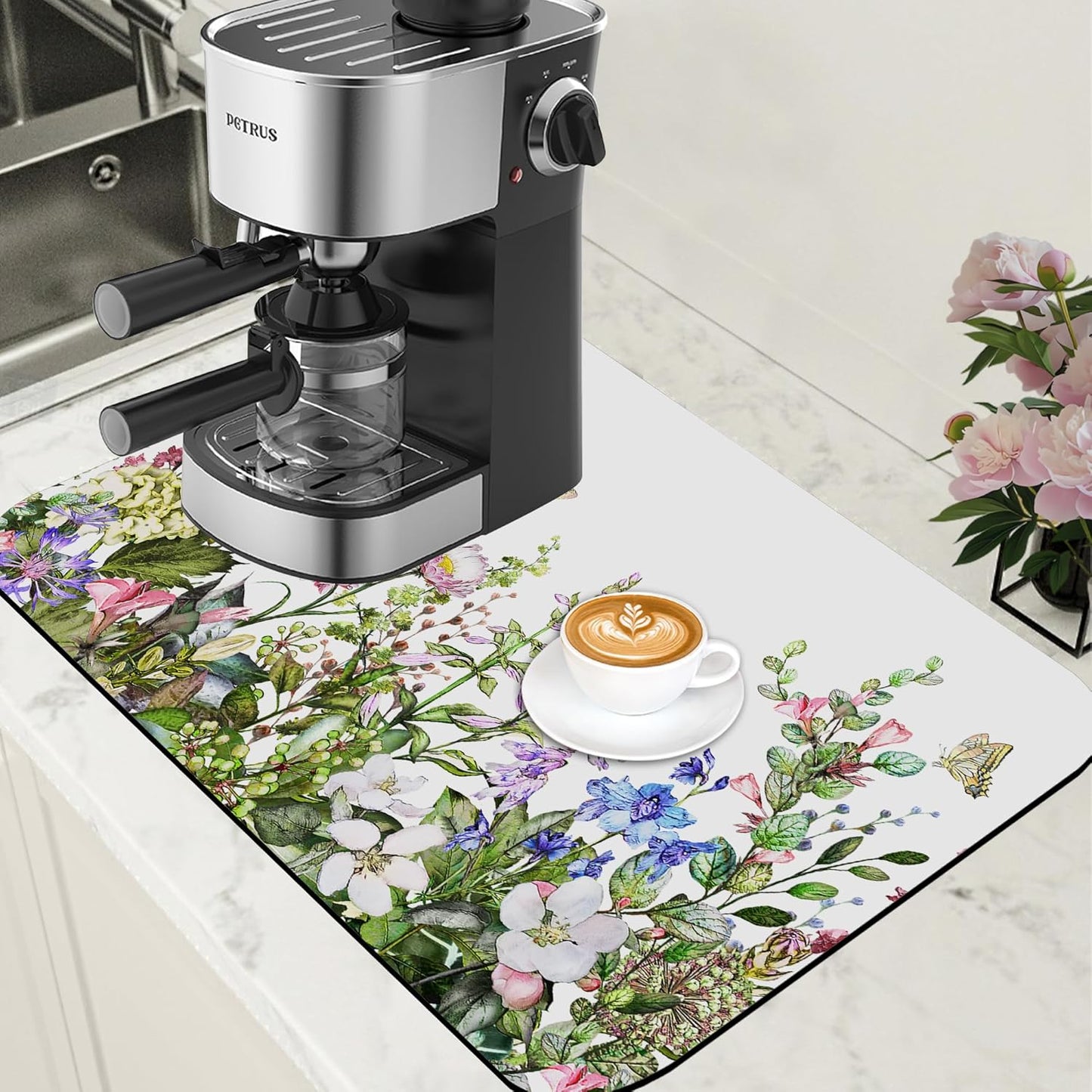 Watercolor Flower and Butterfly Dish Drying Mat for Kitchen Counter Absorbent Coffee Mat with Hide Stain Rubber Backed Espresso Machine Coffee Bar Accessories 15.7 x 23.6 Inch