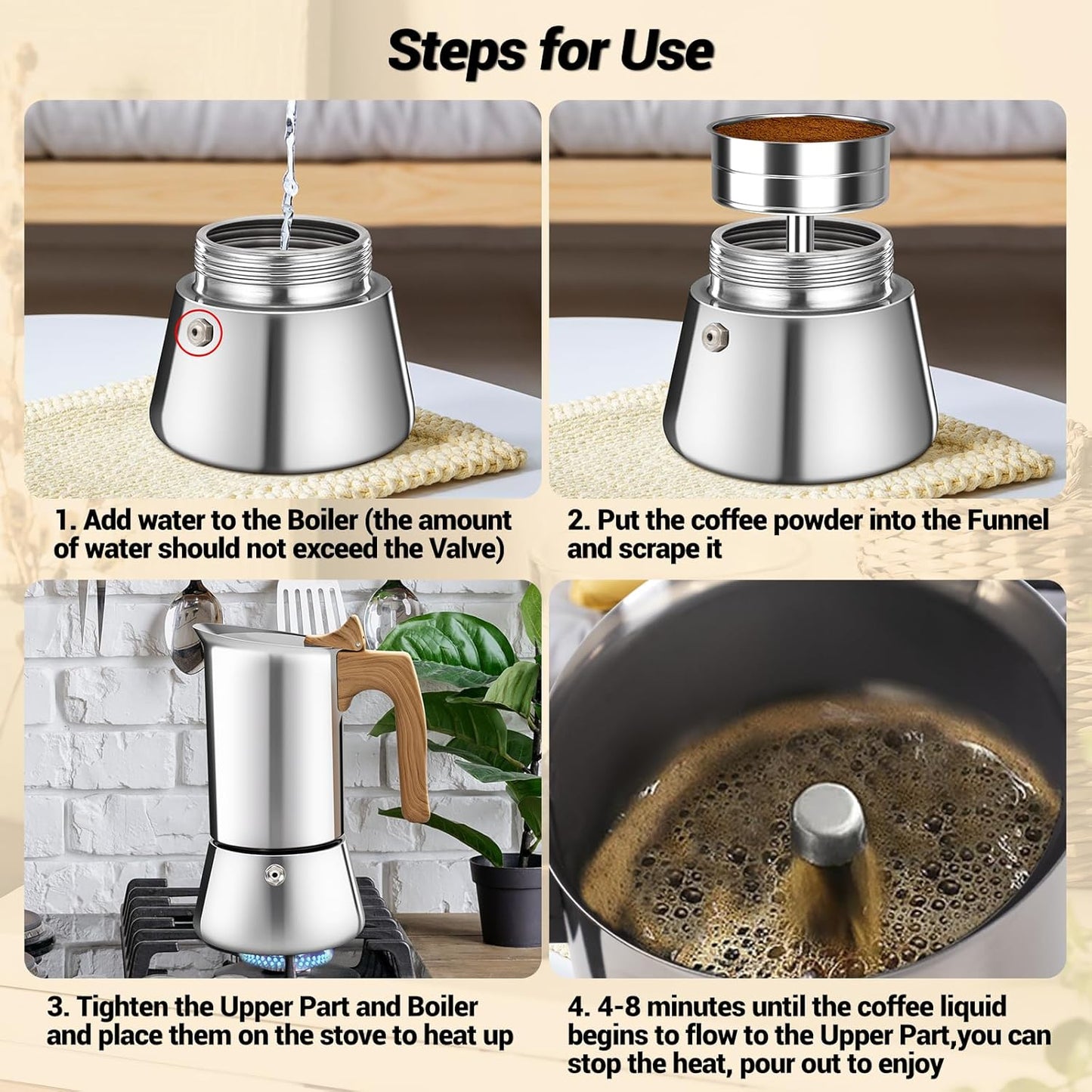 No Coating 2 Cup Moka Pot Thickened 304 Stainless Steel Stovetop Espresso Coffee Maker 100ml 3.4oz Mocha Percolator Greca Cuban Ideal for Making Rich Authentic Italian Café