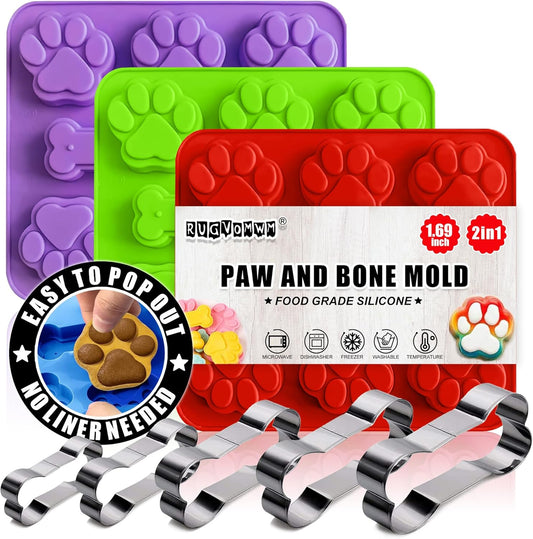 RUGVOMEM Set of 8 Silicone Dog Treat Molds, 3 Pieces 2 in 1 Dog Paw and Bone Shaped Molds & 5 Pieces Bone Cookie Cutter