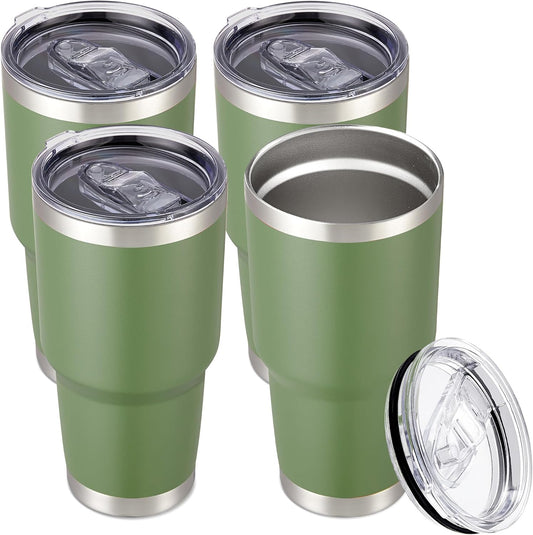 30 oz Tumbler with Lid Stainless Steel Tumblers Bulk Vacuum Insulated Cup Reusable Powder Coated Travel Mug Double Wall Leak Proof Cups Keep Cold Drinks for 12 Hours Army Green, Set of 4