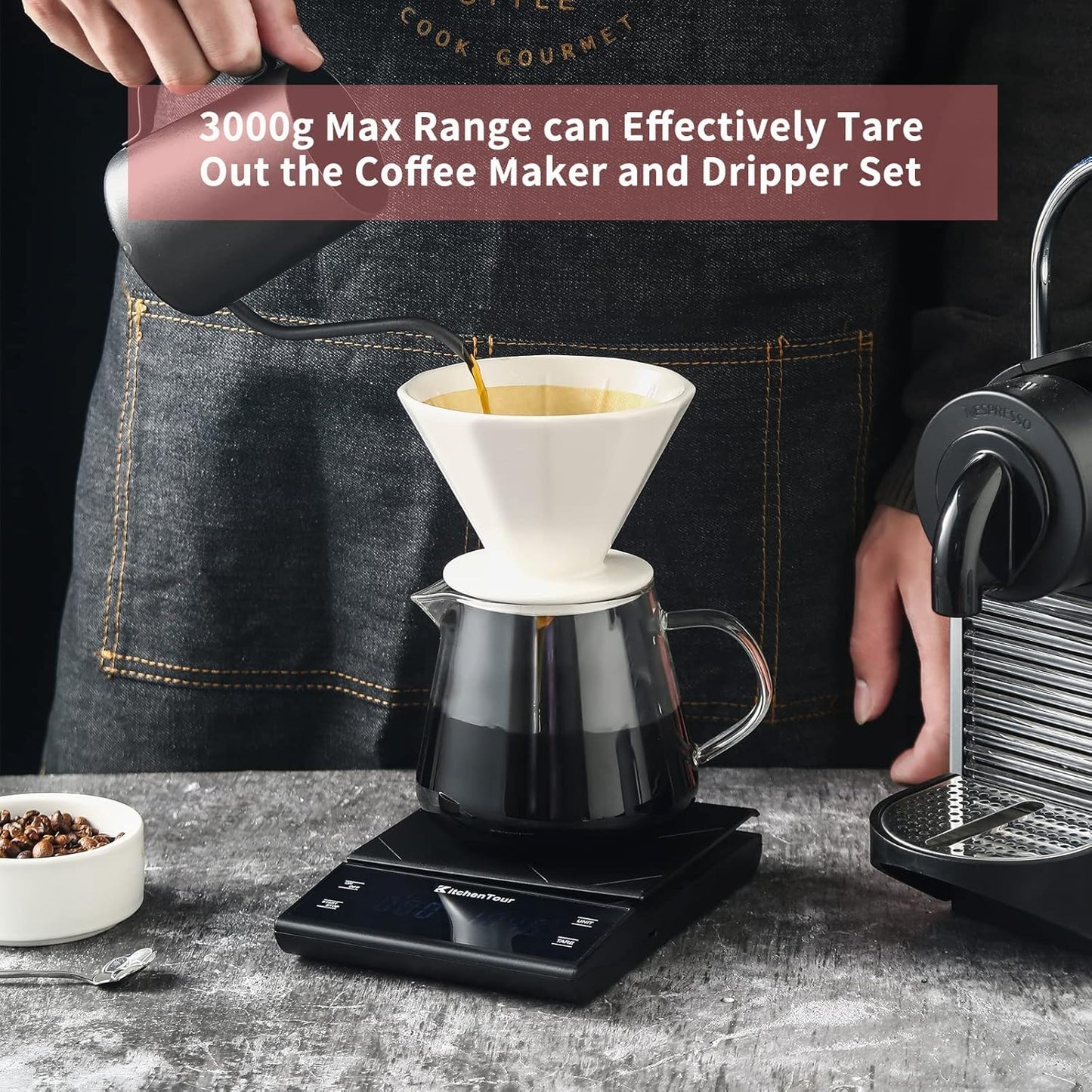 KitchenTour Coffee Scale with Timer - Digital Multifunction Weighing Scale with 3kg/0.1g High Precision - Pour Over Drip - Espresso Scale with Bright LCD Display (Batteries Included)-Black