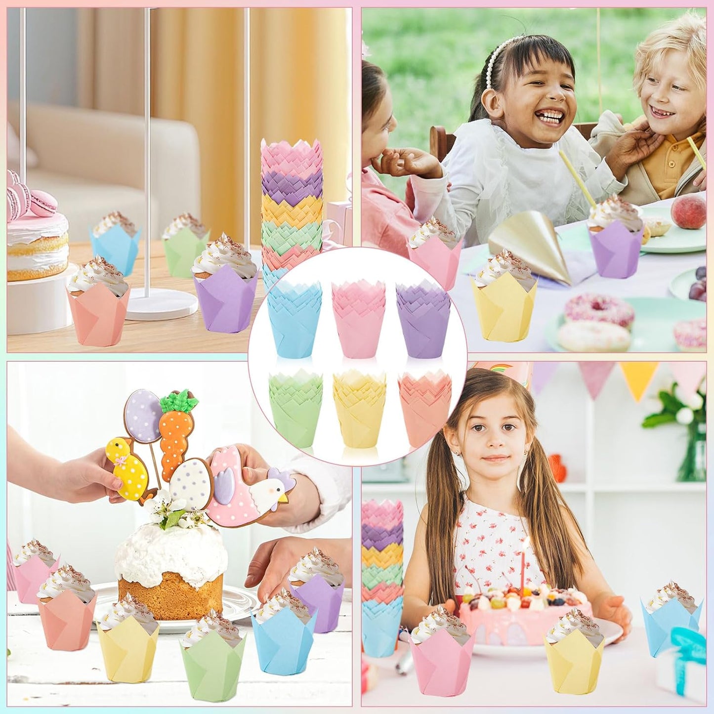 180Pcs Pastel Tulip Cupcake Liners Colorful Muffin Baking Cups Pink Blue Purple Yellow Orange Green Cupcake Wrappers for Spring Easter Holiday Party Supplies