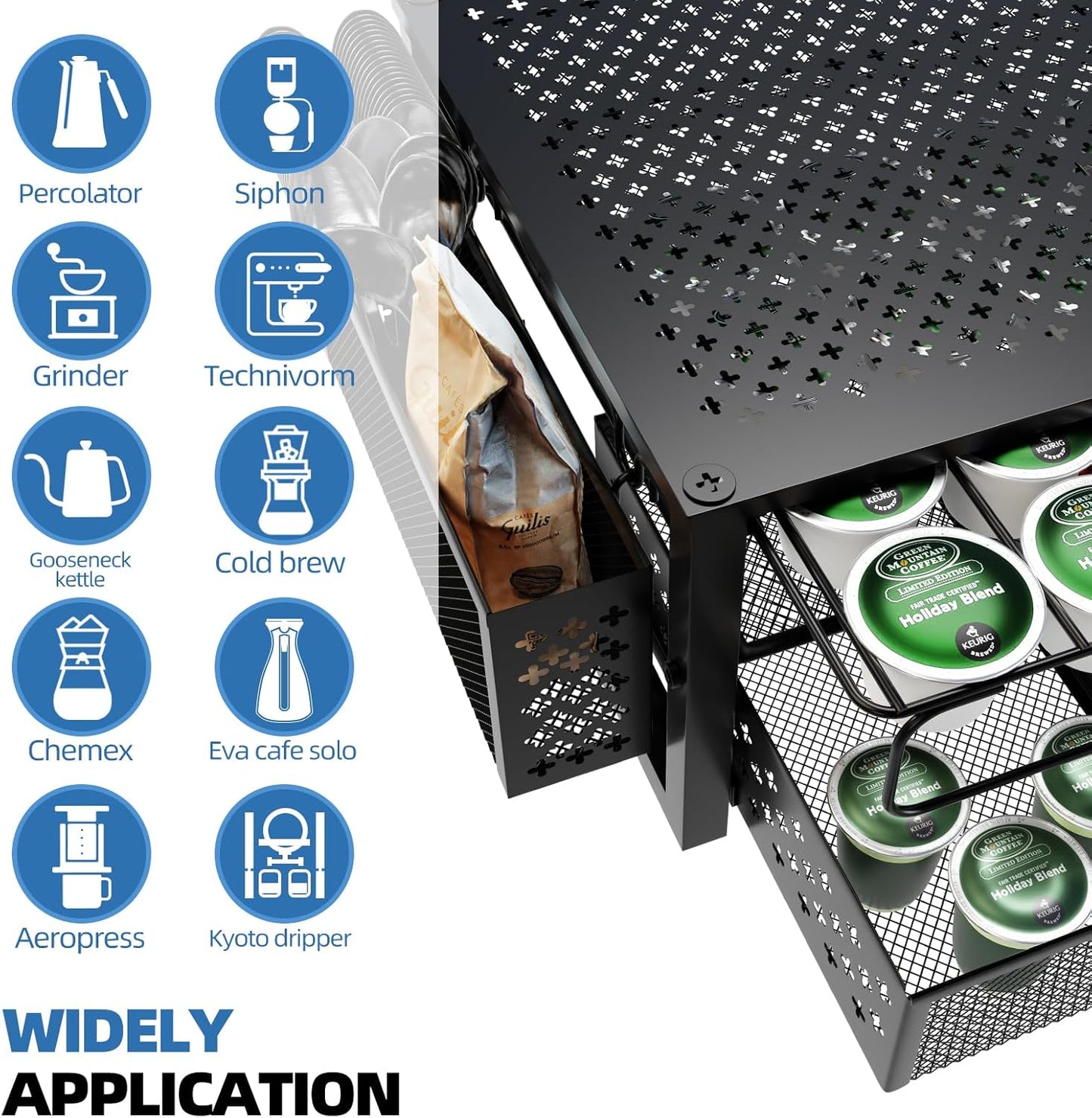 Simple Trending Coffee Pod Holder for K Cups, with 2 Tier Slidng Storage Drawer and Coffee Accessories Holder, 63 Large or 80 Small Capsule Organizer, Black