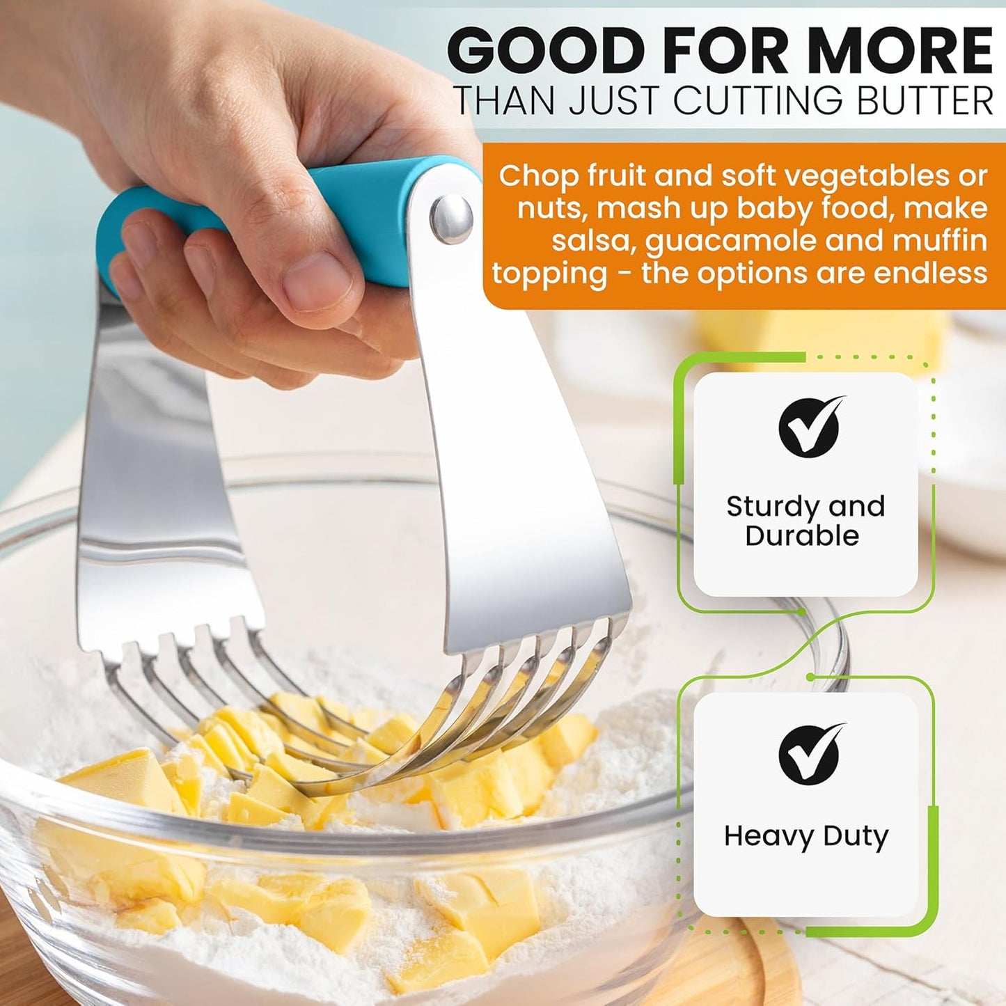 Spring Chef Large Dough Blender for Baking, Heavy Duty Dough Cutter Tool, Stainless Steel Puff Pastry Cutter Tool with Sharp Blades, Dishwasher Safe Manual Pastry Blender for Easy Mixing - Teal