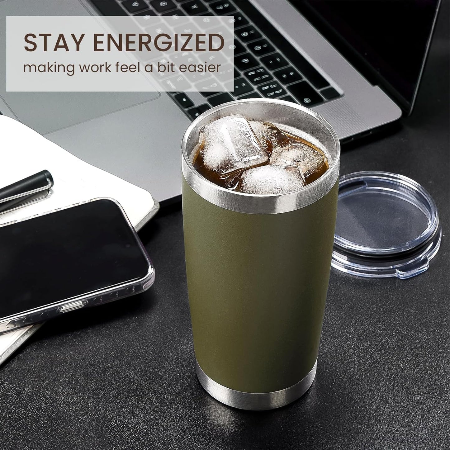 MEWAY 20oz Tumbler 4 Pack Double Wall Vacuum Insulated Travel Mug Bulk, Stainless Steel Tumblers with Lid and Straw, Durable Powder Coated Coffee Cups for Cold & Hot Drinks (Army Green, 4)