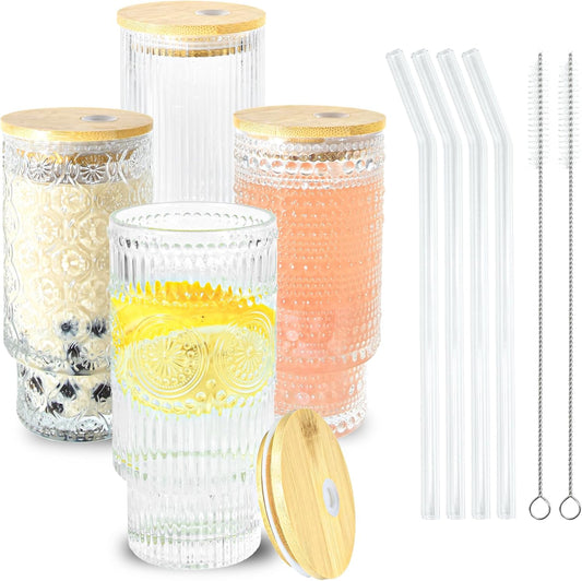 4 Pcs 11 oz Drinking Glasses Cups Set with Bamboo Lids Straws Brush Small Glassware Set for Mojito Iced Coffee Cocktail Whiskey(4 Mixed Pattern)