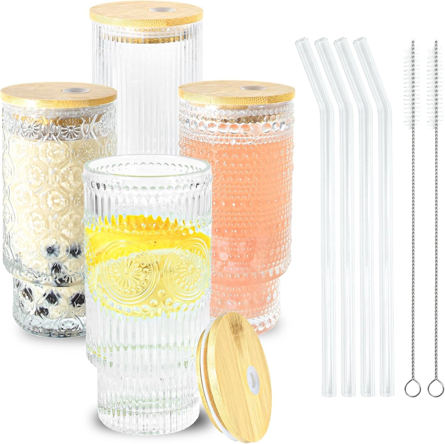 16oz Drinking Glasses Cups Set of 4 with Bamboo Lids Straws Brush Vintage Glassware Set for Mojito Iced Coffee Beer Cocktail Whiskey(Mixed)