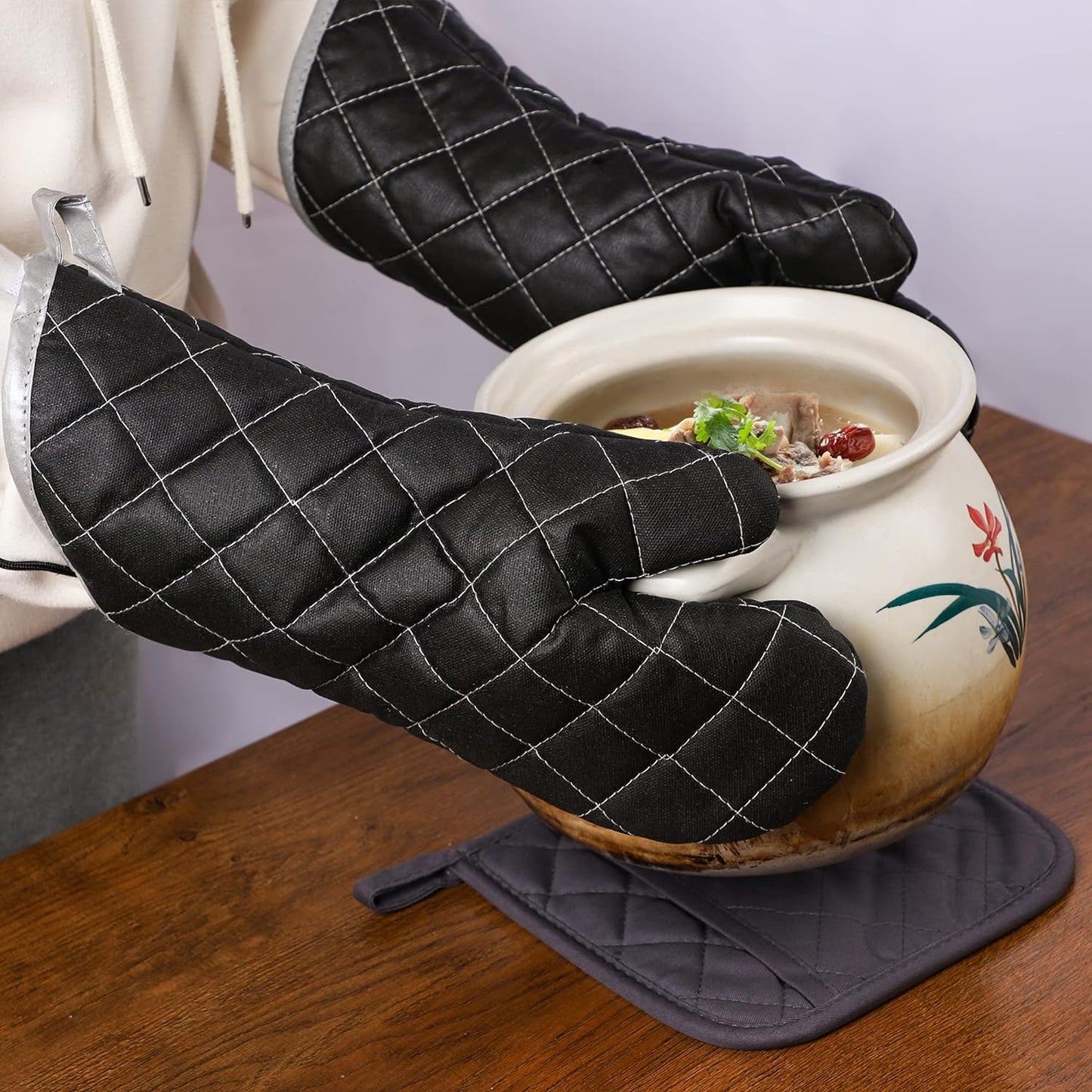 ARCLIBER Oven Mitts Heat Fire Resistant Oven Mitts 425 ° F, Quilted Terry Cloth Cotton Soft Lining Oven Gloves, Extra Long Kitchen Mittens for Cooking Baking