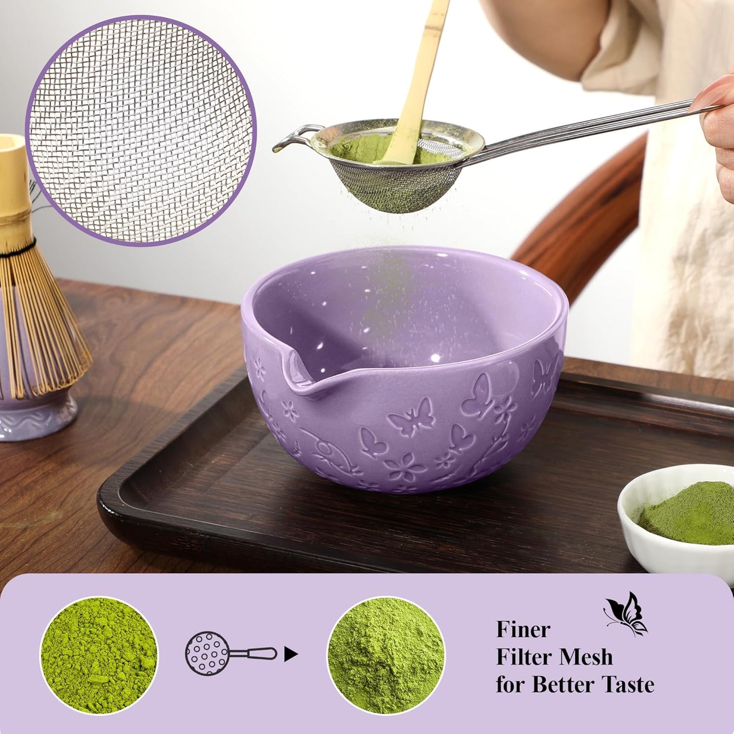 Matcha Whisk Ceramic Matcha Whisk Set Bamboo Whisk, Bowl With Spout, Powder Starter Sifter, Ceramic Whisk Holder, Tea Towel, Scoop and Scoop Rest for Matcha Tea Ceremony Purple