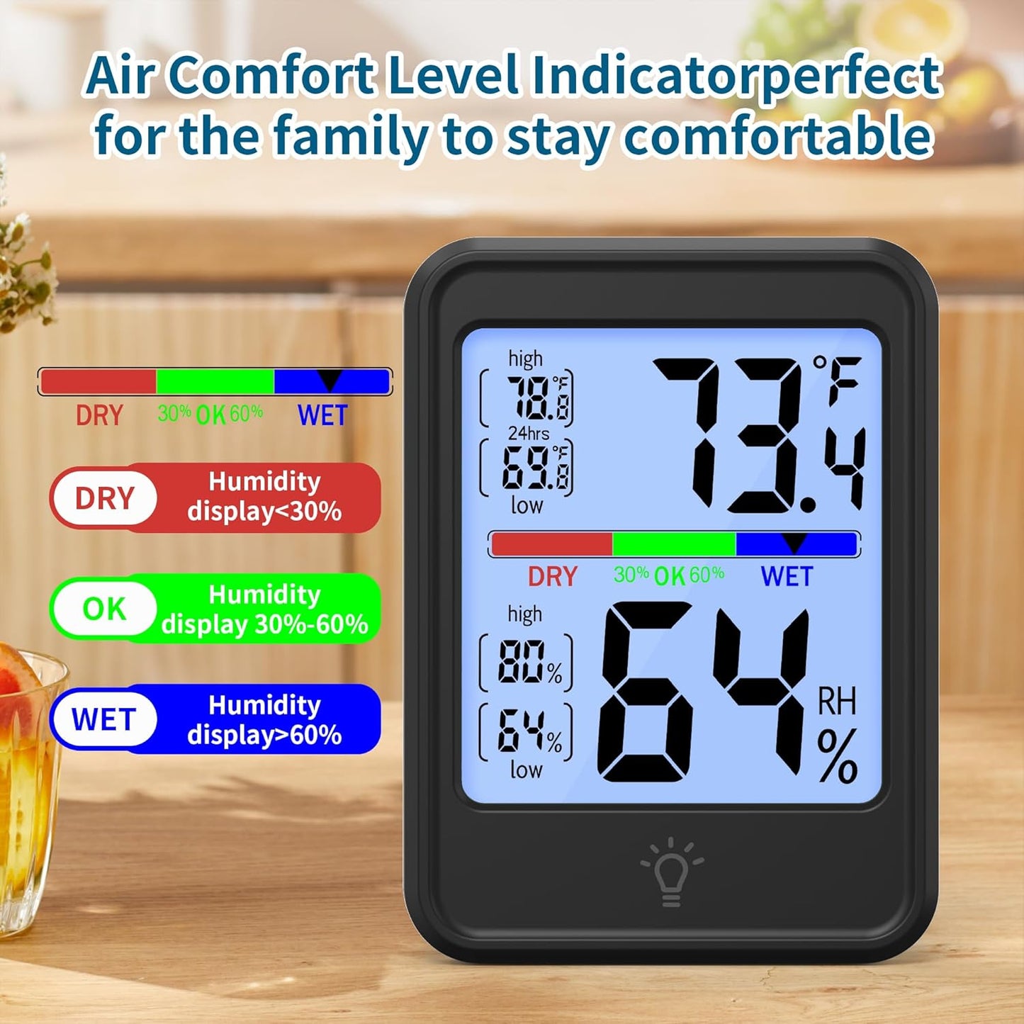 Digital Thermometer Hygrometer, Indoor Wall Thermometer, Indoor Humidity Temperature Monitor with Max&Min Records Backlit for 10S for Greenhouse, Home and Office Measuring Devices