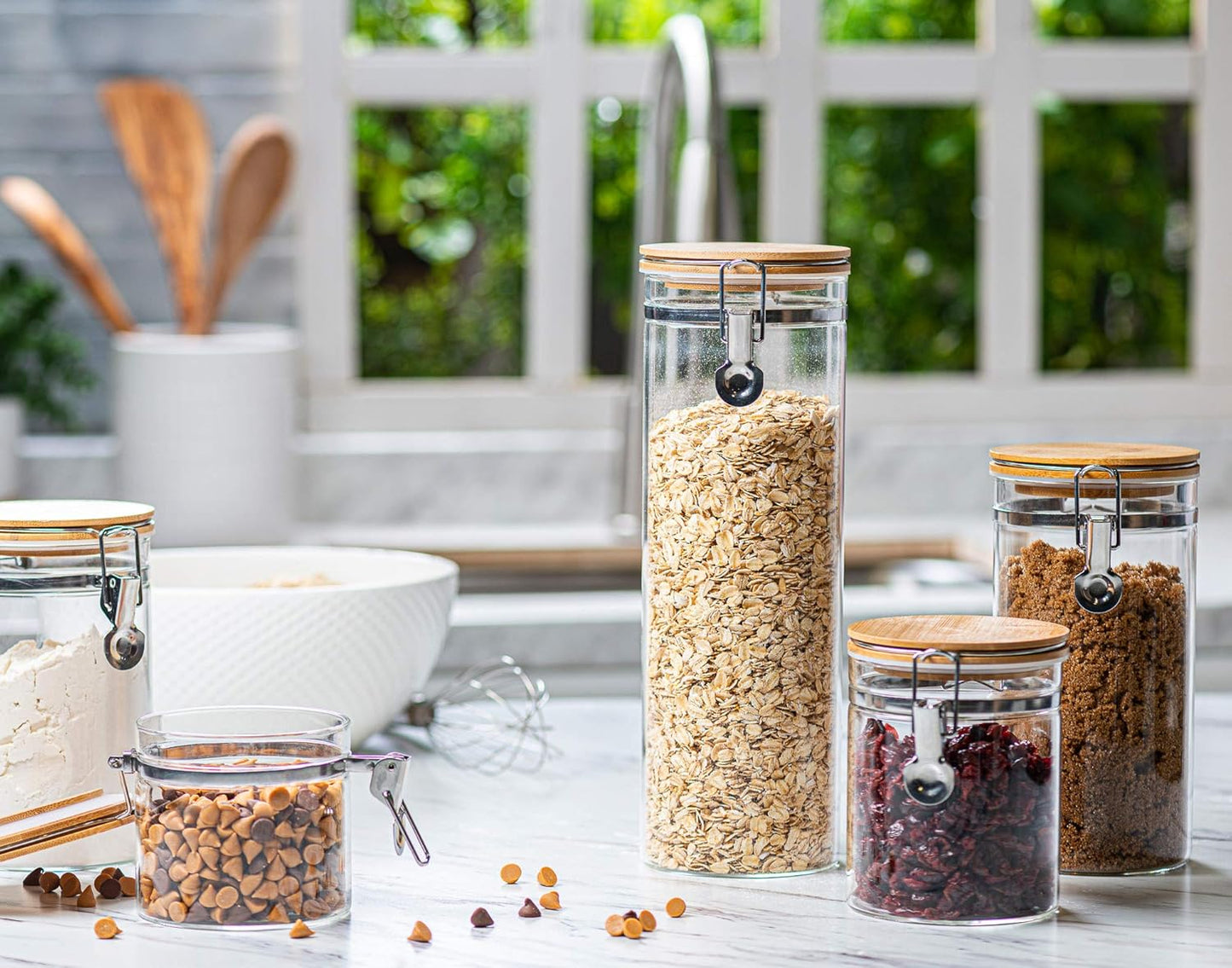 Set of 5 Borosilicate Glass Sugar Packet Holder Food Storage Jar Containers with Airtight Bamboo Clamp Lid, Airtight Canisters for Kitchen Bathroom and Pantry Organization, Cookie Jars for Flour