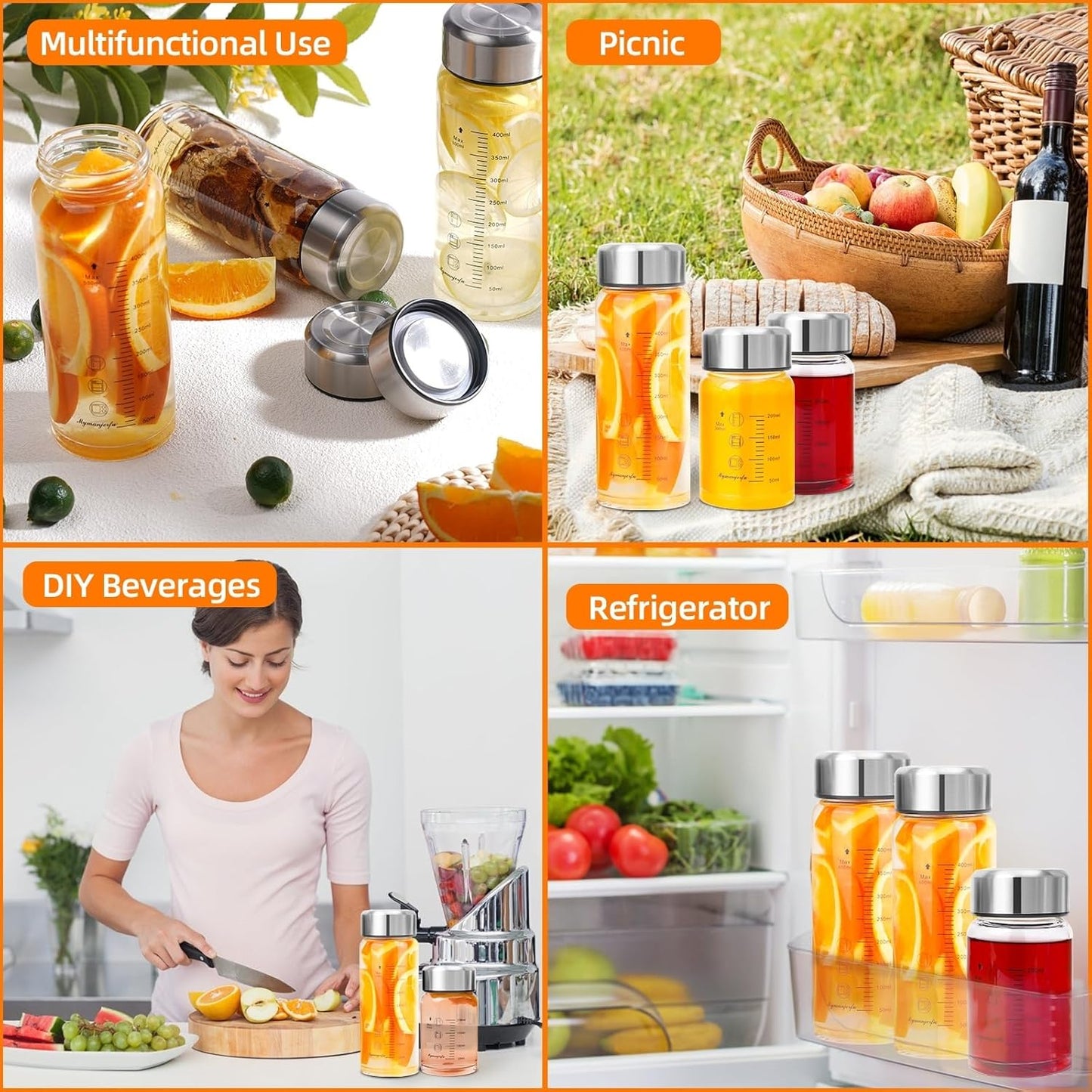 Glass Juice Bottles 20 oz - Wide Mouth Glass Water Bottles with Lids and Sleeve- for Juicing, Smoothies, Milk, Protein, Reusable, Stainless Steel Lids, Leak Proof, Shaker bottle (20oz/600ml)