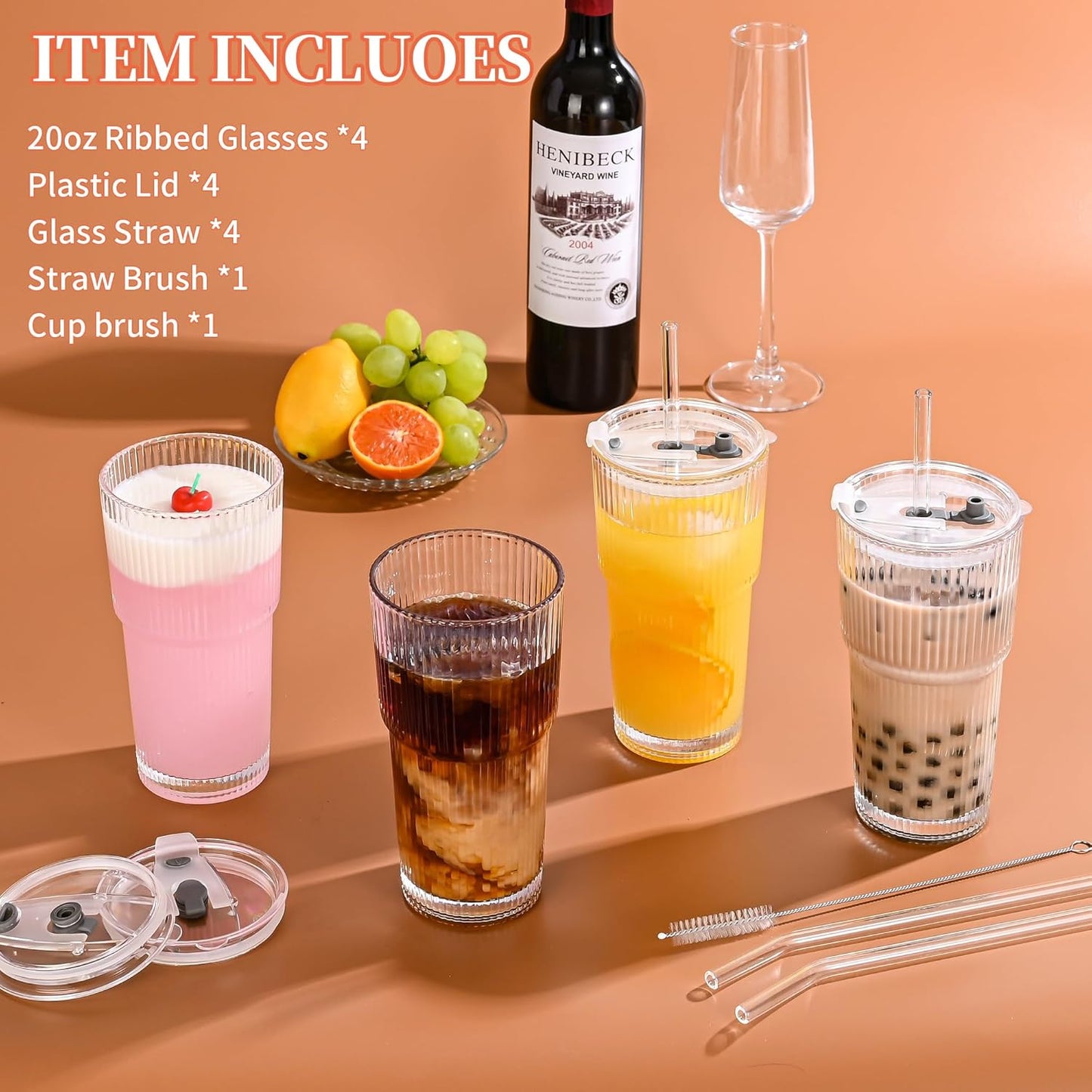 20 oz Tumblers with Lids and Straws, Ribbed Glass Set of 4-Clear Ice Coffee Cups Ideal for Smoothies, Juice, Boba & Cold Beverages, Durable reusable Glassware，Drinking Glasses with 1 Brush