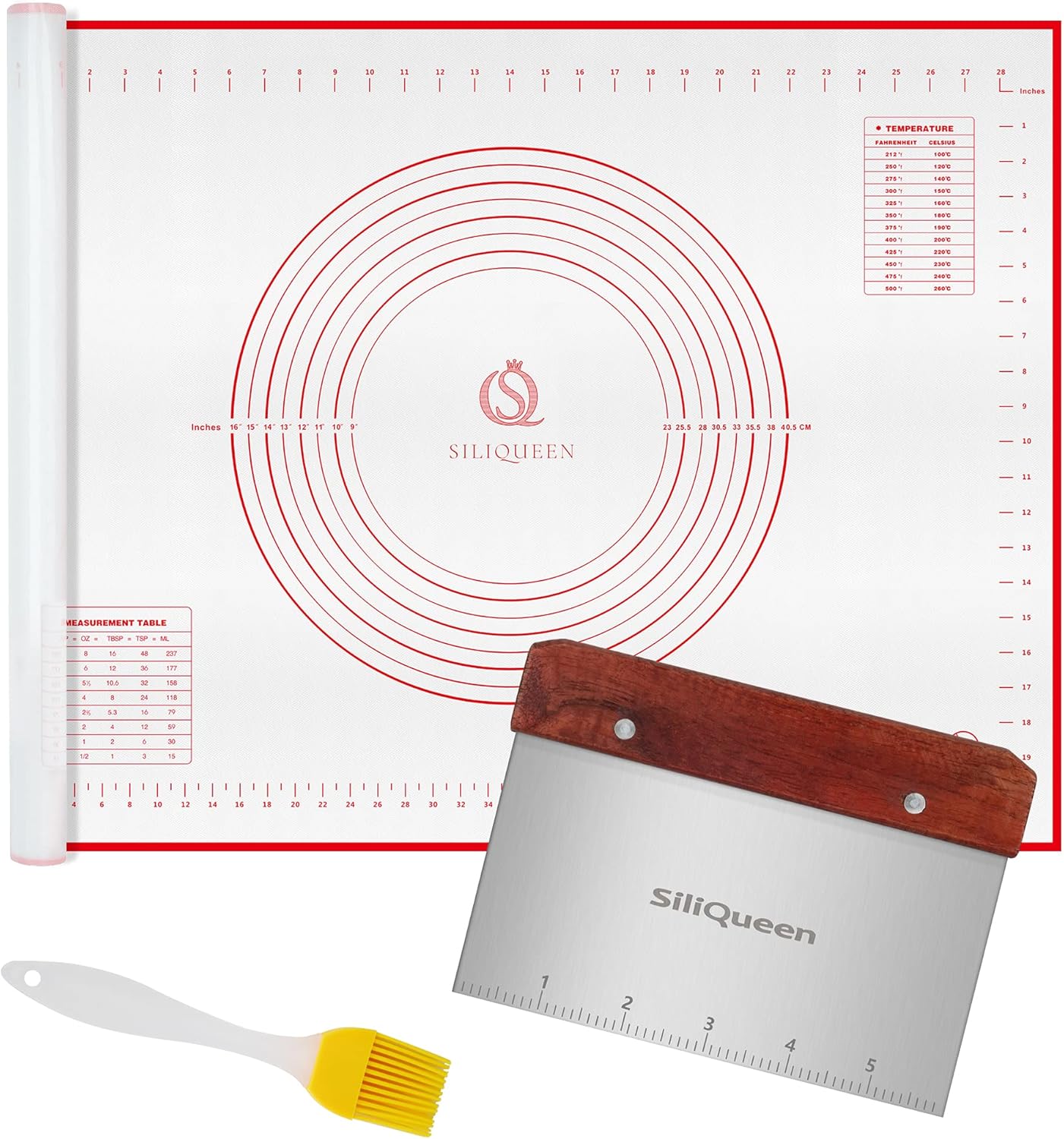 Silicone Pastry Baking Mat with Measurements Extra a Brush and a Dough Scraper - 31.5” x 23.6” Heat Resistant, BPA Free, Non-Stick Non-Slip Pastry Mat for Rolling Dough - Easy to Clean, Red