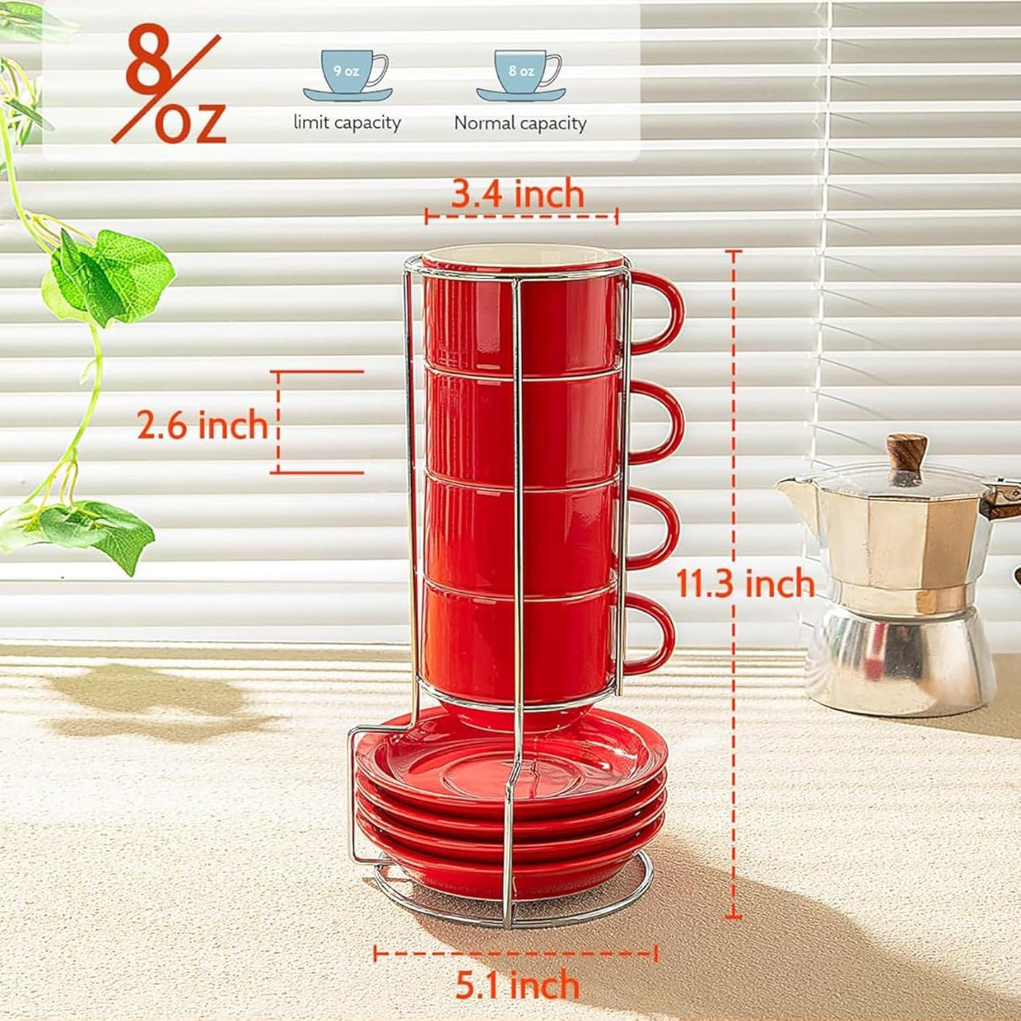 Sweese 8 Ounce Porcelain Stackable Cappuccino Cups with Saucers and Metal Stand - for Specialty Coffee Drinks, Cappuccino, Latte, Americano and Tea - Set of 4, Red