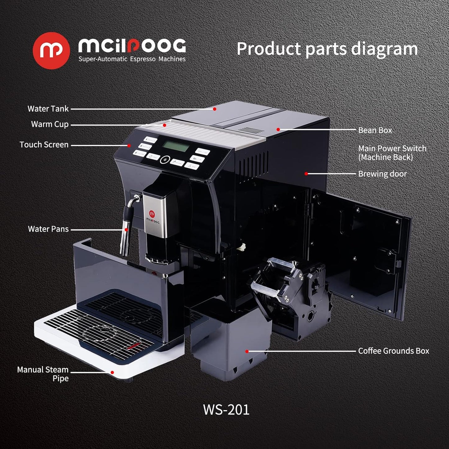 Mcilpoog WS-201 Super Fully Automatic Espresso Coffee Machine With Bean And Flour Dual-use With Manual Steam Wand And Touch Screen