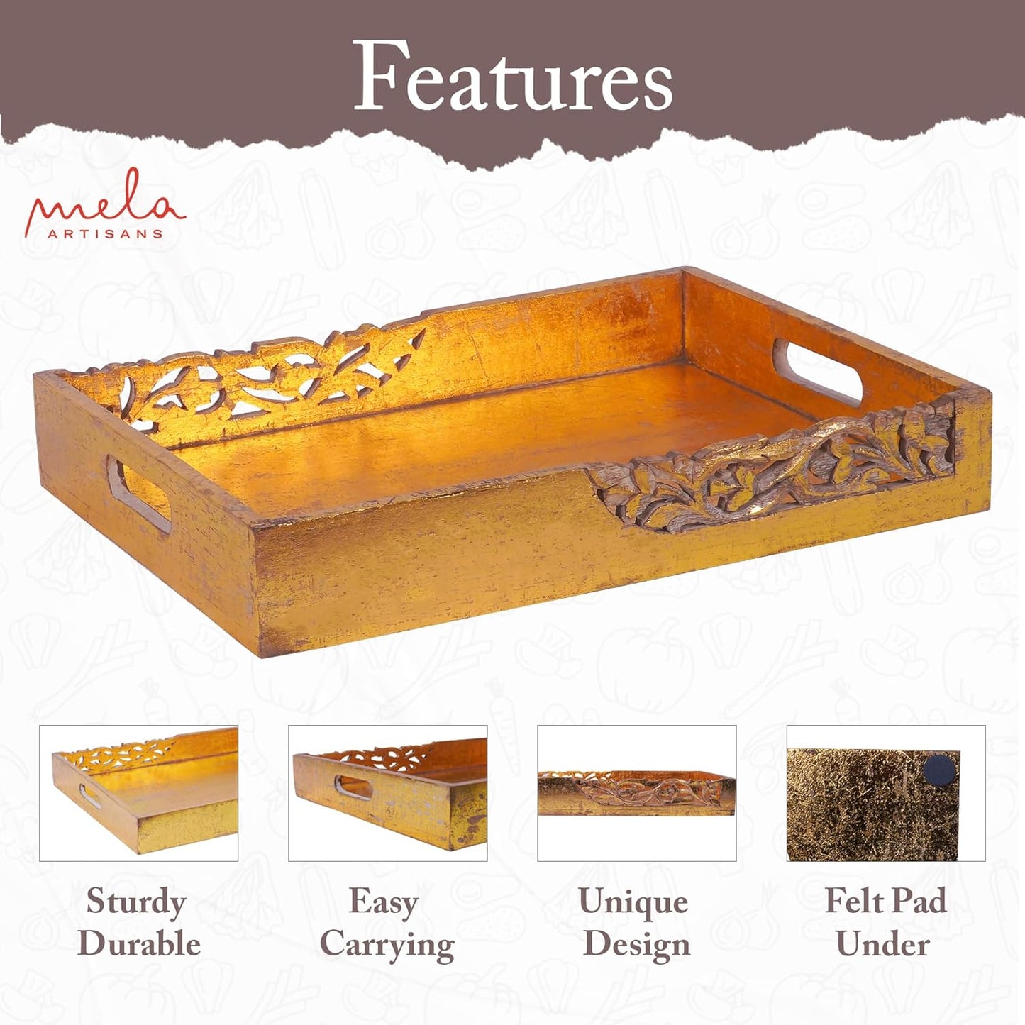 Coffee Table Tray (Distressed Gold) - “Flourish” Wood Serving Tray w/Handles for Breakfast in Bed - Mango Wood Decorative Tray w/Felt Pads - Medium Size Tray - 16” x 12” x 2.5”