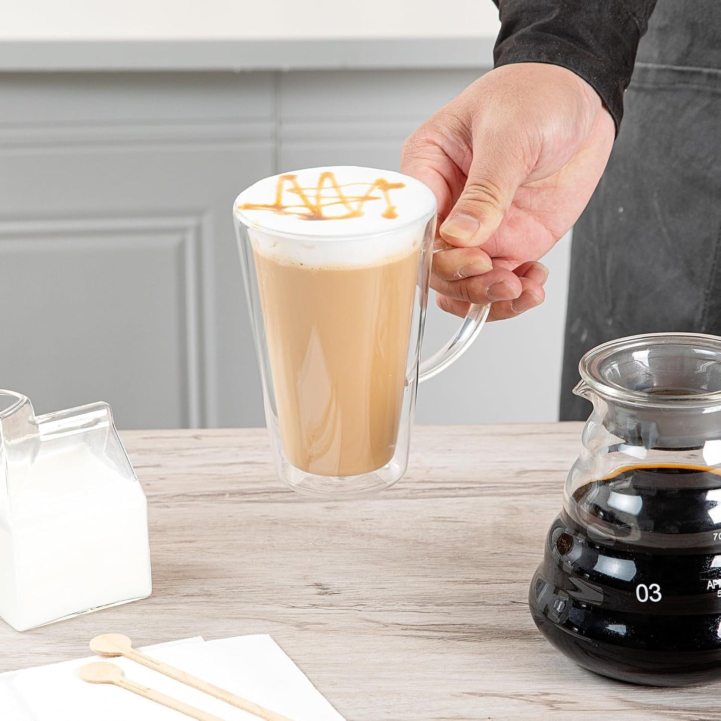 Restaurantware-Forma Professional 13.5 oz Double Wall Glass Mugs, 12 Insulated Coffee Mugs With Handle - Dishwashable, Reusable, Clear Glass Beverage Cups, Freezable, For Hot Or Cold Beverages