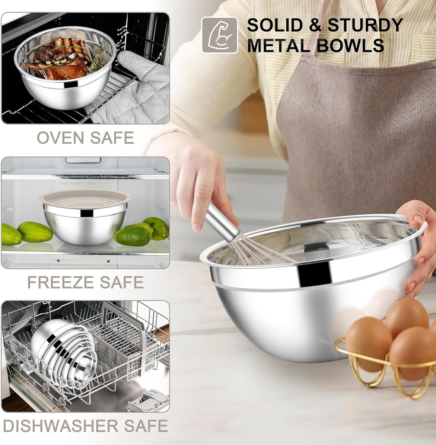 E-far Mixing Bowls with Lids Set, 21PCS Stainless Steel Mixing Salad Bowls with 3 Grater Attachments, Size 7, 4.6, 3.5, 2.6, 2, 1.5, 1QT, Nesting Design & Khaki Airtight Lid, For Baking/Prepping