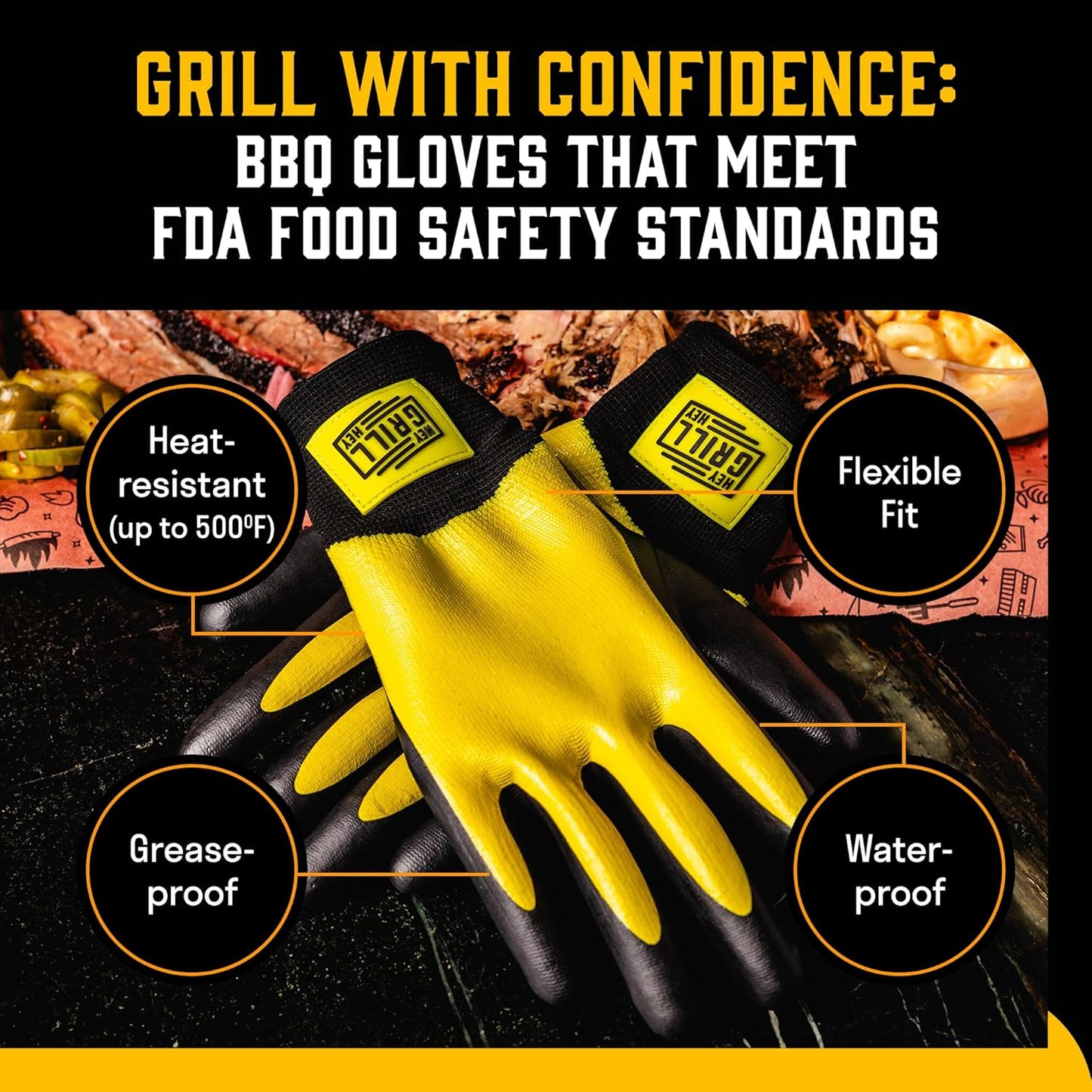 Hey Grill Hey Pitmaster Gloves | BBQ Gloves | Heat Protection up to 500°F or 260°C | High Temp Resistance | Fireproof Glove for Grilling Smoking Barbecue | Washable Mitts | Waterproof | Size - XXL