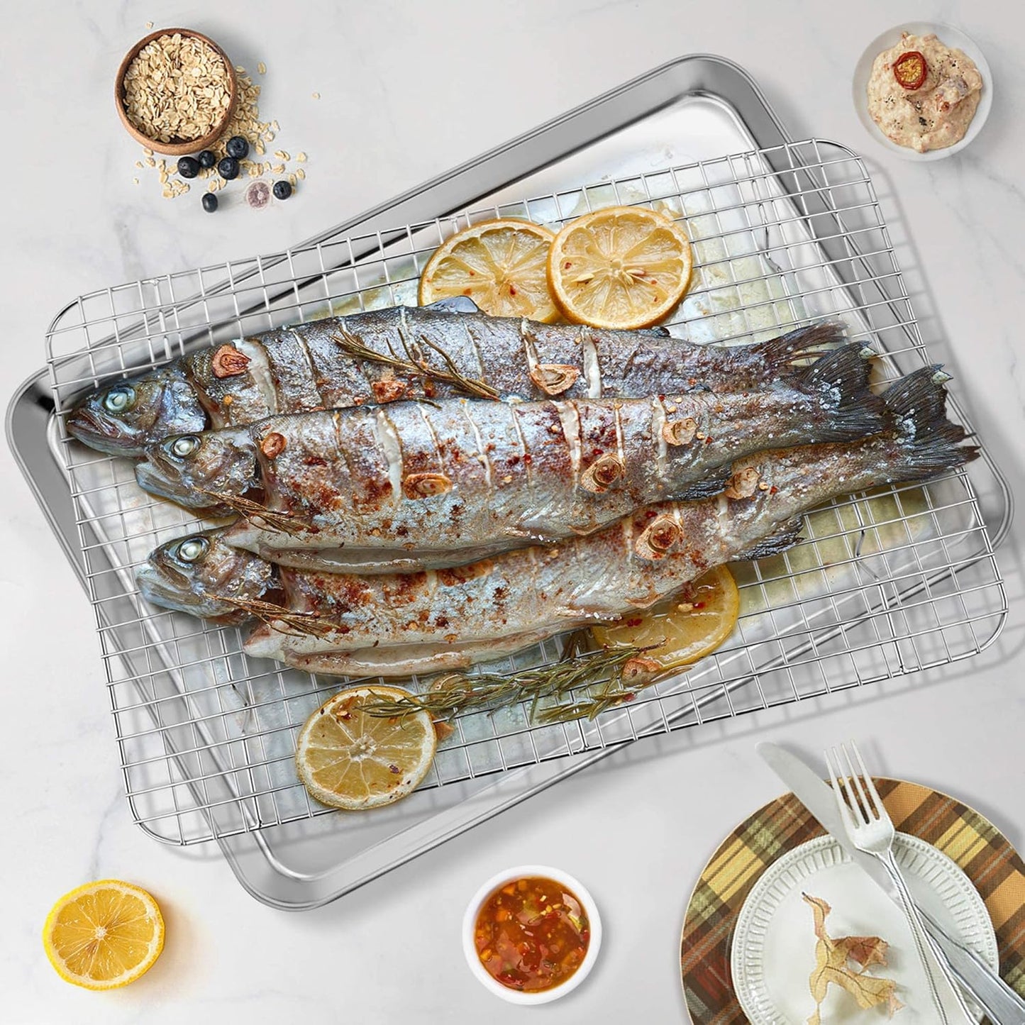 P&P CHEF 17.5 Inch Baking Sheet and Rack Set, Stainless Steel Cookie Sheets Oven Baking Pans Trays with Cooling Racks for Cooking & Roasting, Oven & Dishwasher Safe, (2Pcs)