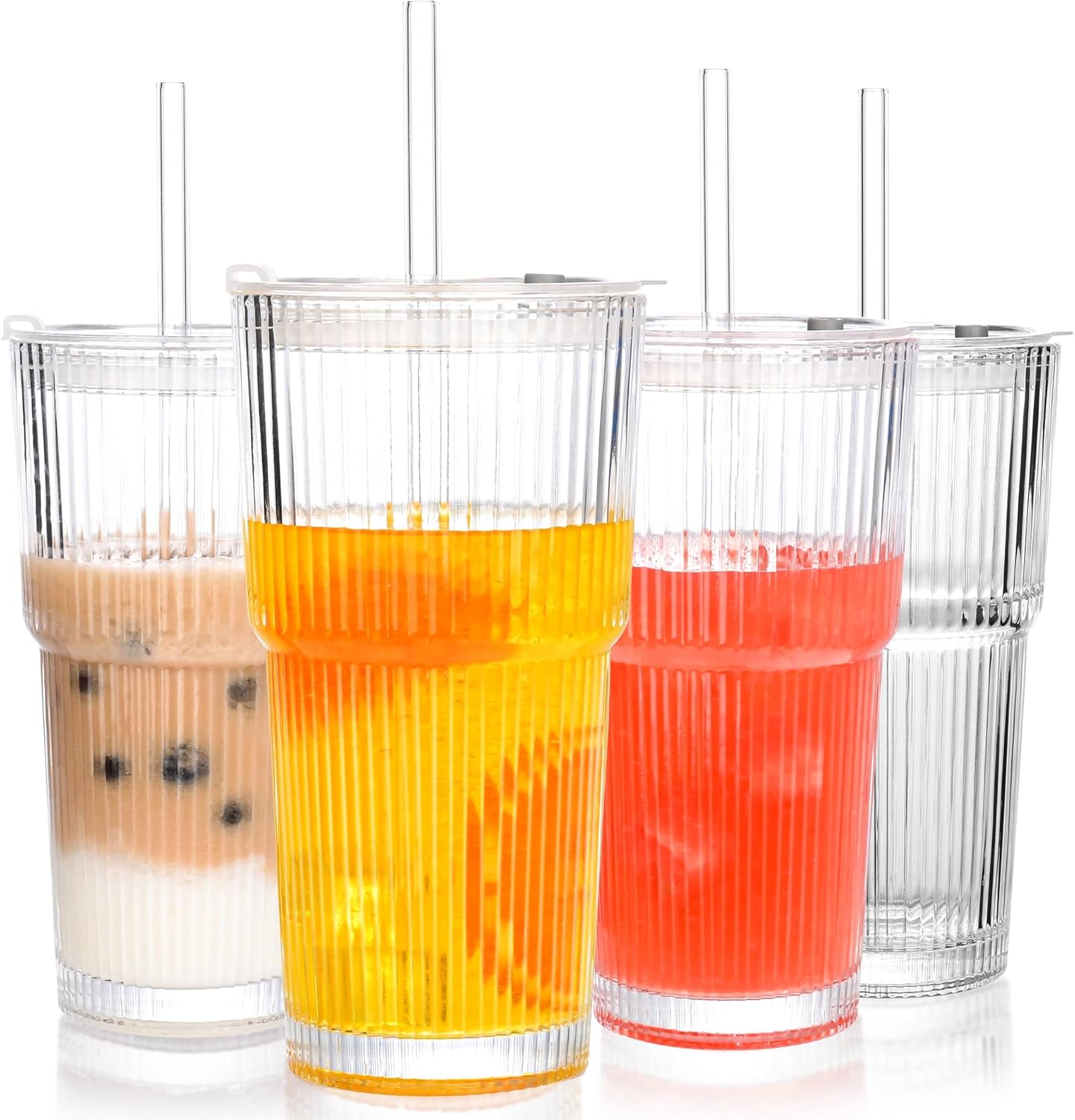 20 oz Tumblers with Lids and Straws, Ribbed Glass Set of 4-Clear Ice Coffee Cups Ideal for Smoothies, Juice, Boba & Cold Beverages, Durable reusable Glassware，Drinking Glasses with 1 Brush