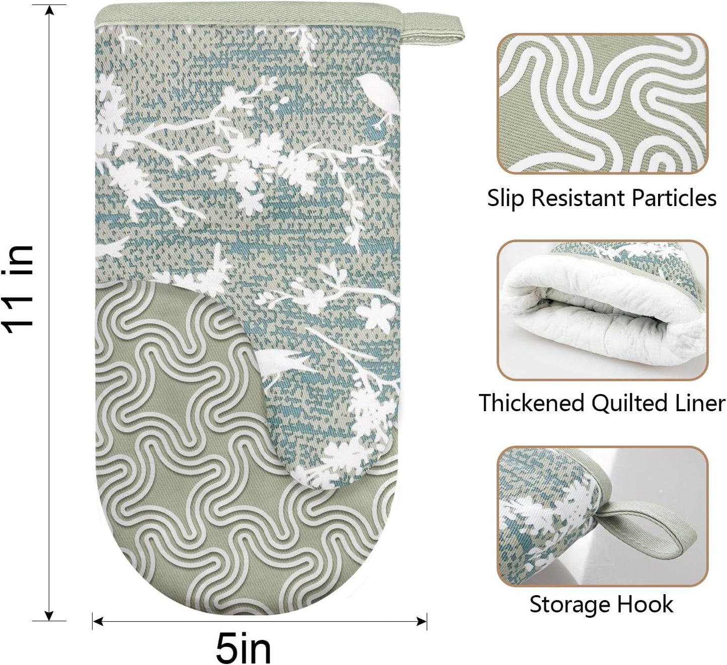 Thumb Oven Mitts, Heat and Slip Resistant Silicone Kitchen Mittens 2-Pack Set, Aqua Birds Soft Long Oven Gloves, Flexible Thick Potholders for Safe Baking Cooking and Grilling (Aqua)