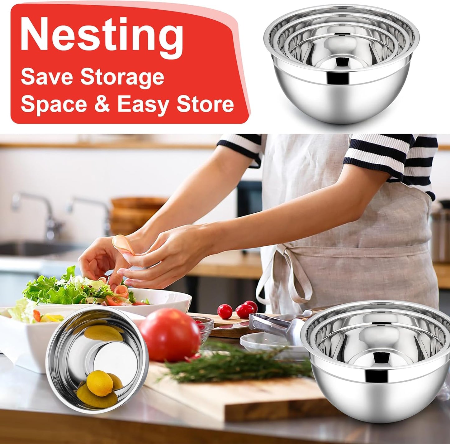 E-far Mixing Bowls with Lids, 6-Piece Stainless Steel Salad Bowls Metal Nesting Bowls for Baking Cooking and Prepping, Airtight Lids & Stackable Design, Size 4.5, 3, 1.5 QT (Red)