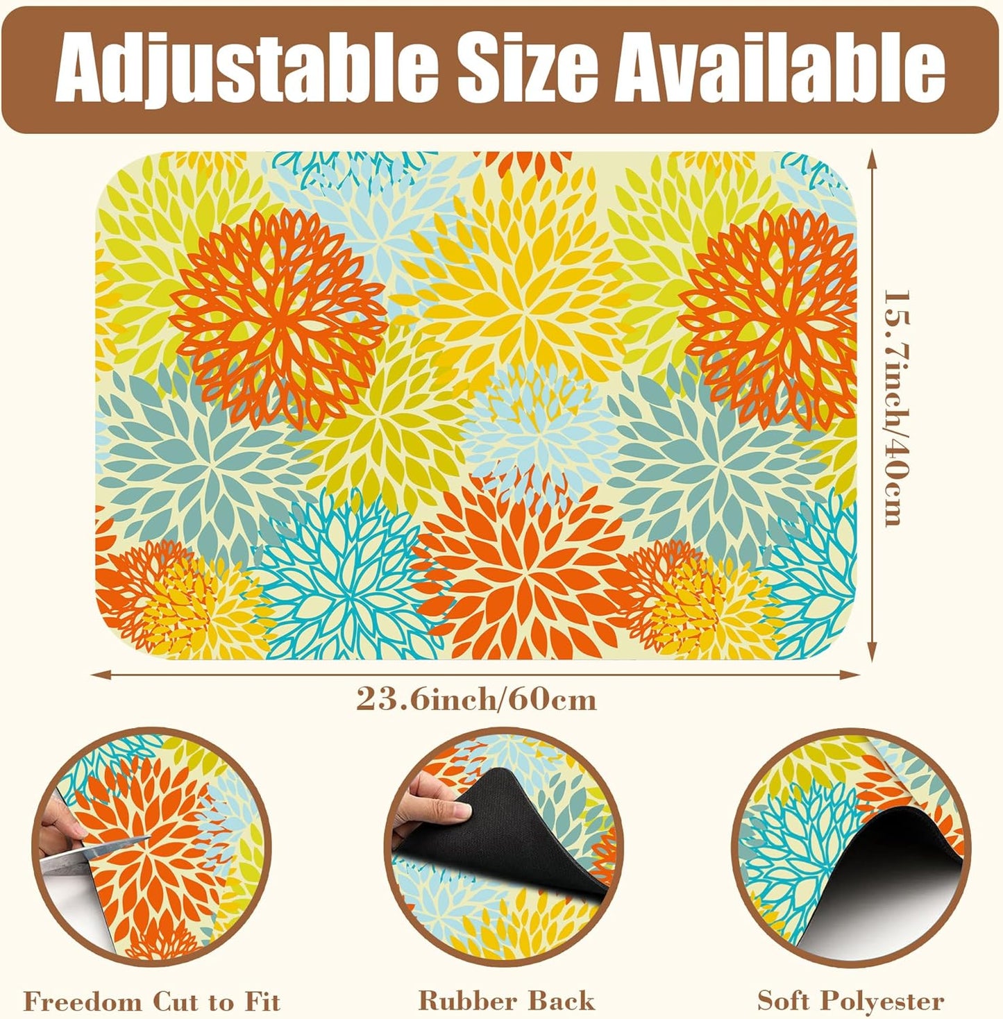 Orange and Blue Chrysanthemum Flower Coffee Mat Absorbent Dish Drying Mat Hide Stain Rubber Backed Coffee Bar Accessories Fit Under Espresso Machine Cafe Table 15.7 x 23.6 Inch