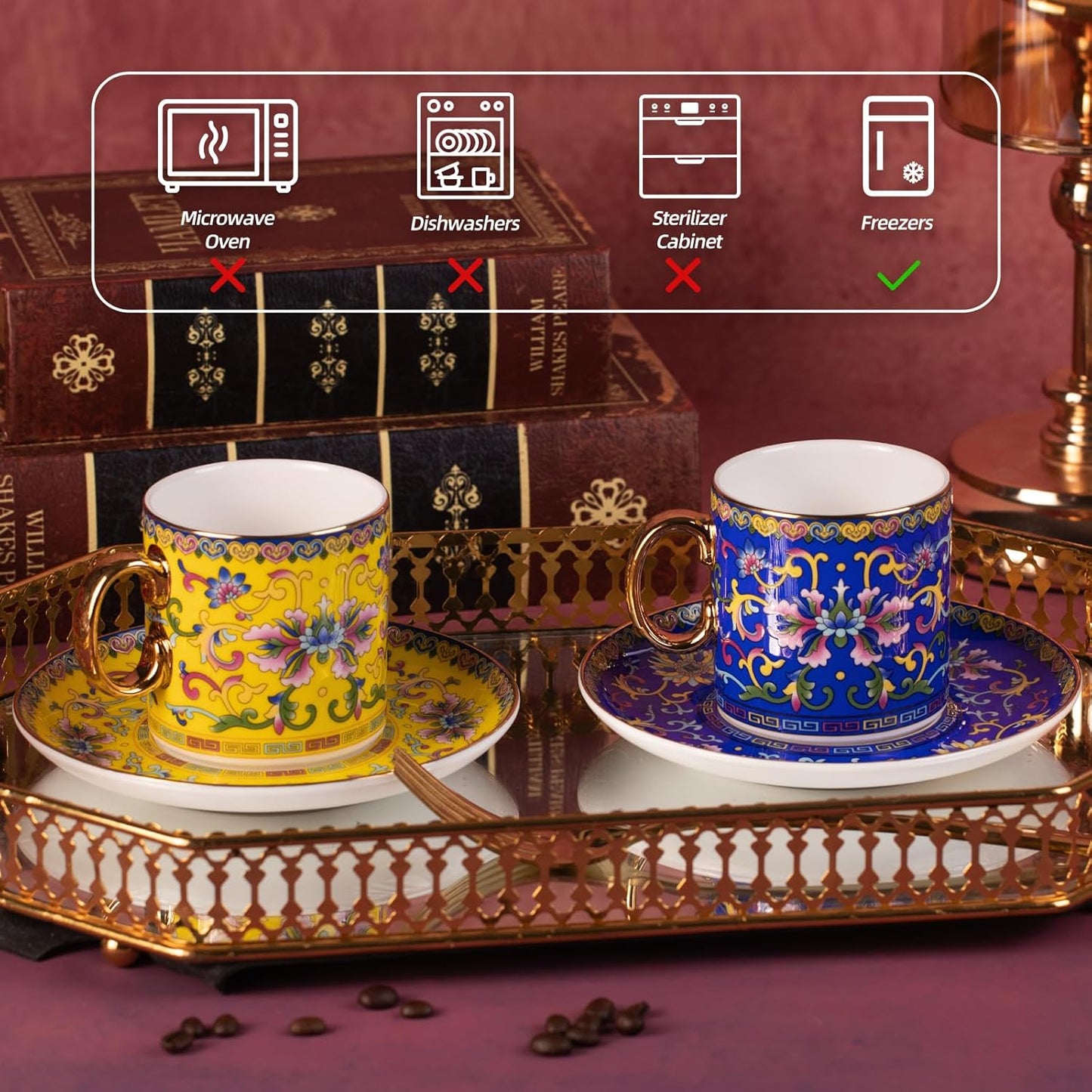 KAMMAK Tea Cups and Saucers Set of 2, Porcelain Coffee Cups with Saucer for Espresso, Cappuccino, 7oz Vintage Yellow and Blue Ceramic Demitasse Mug for Home, Tea Party, Office