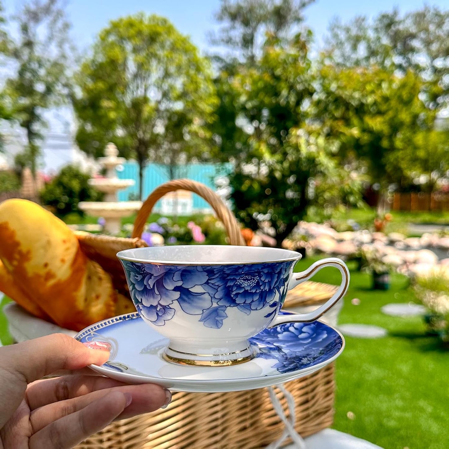 ACMLIFE Bone China Tea Sets, Blue and Gold Tea Set for Adults Porcelain Tea Cup Set, Cup and Saucer Set Vintage Floral for Women Party or Christmas Gifts Giving (china blue)