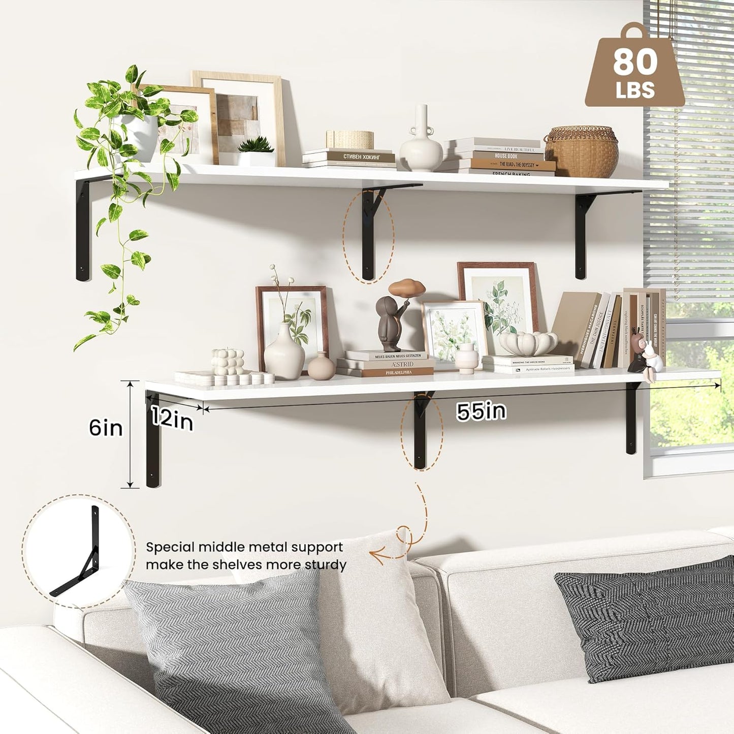 Fun Memories Floating Shelves for Wall, 12 Inch Deep Floating Shelves Set of 2, Wall Mounted Shelf with Metal Brackets, Rustic Wood Wide Shelf for Bathroom, Kitchen and Living Room, White, 55W x 12D