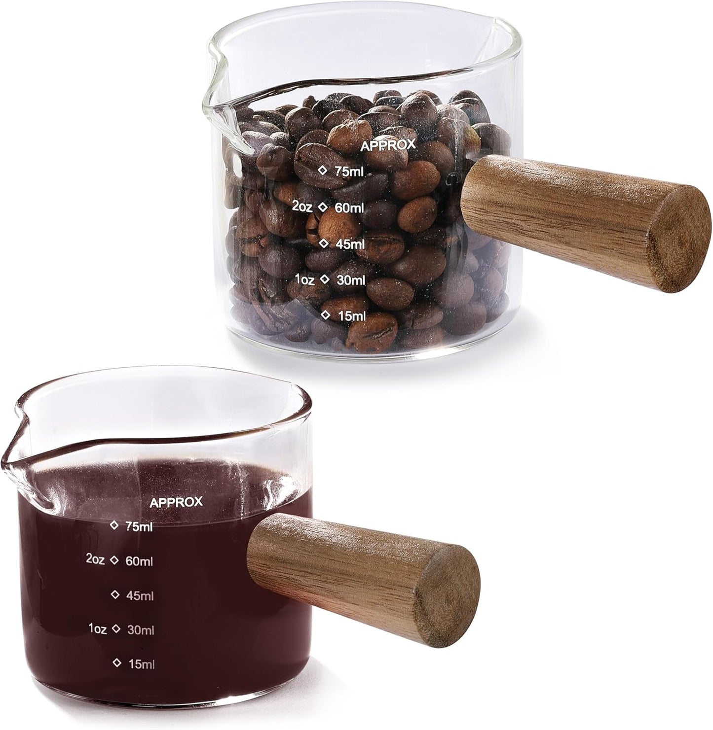 2 Pack Measuring Cups, Espresso Shot Glass with Wood Handle, Clear Glass with Dual Scale, Espresso Accessories with Double Spouts, 2.5 OZ /75 ML