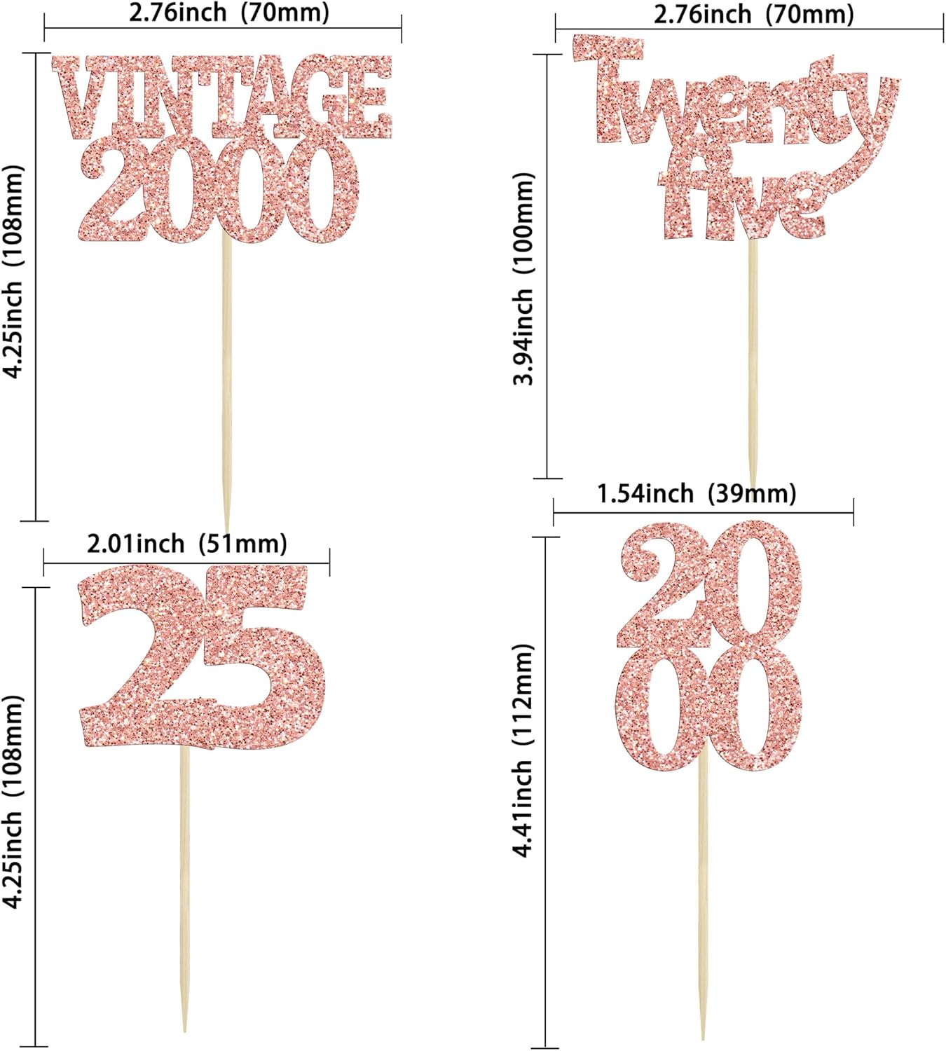 Gyufise 24Pcs 25th Birthday Cupcake Toppers Glitter Twenty-five Vintage 2000 Hello 25 Years Birthday Cupcake Picks Cheers to 25 Cake Decor for Happy 25th Anniversary Party Supplies Rose Gold