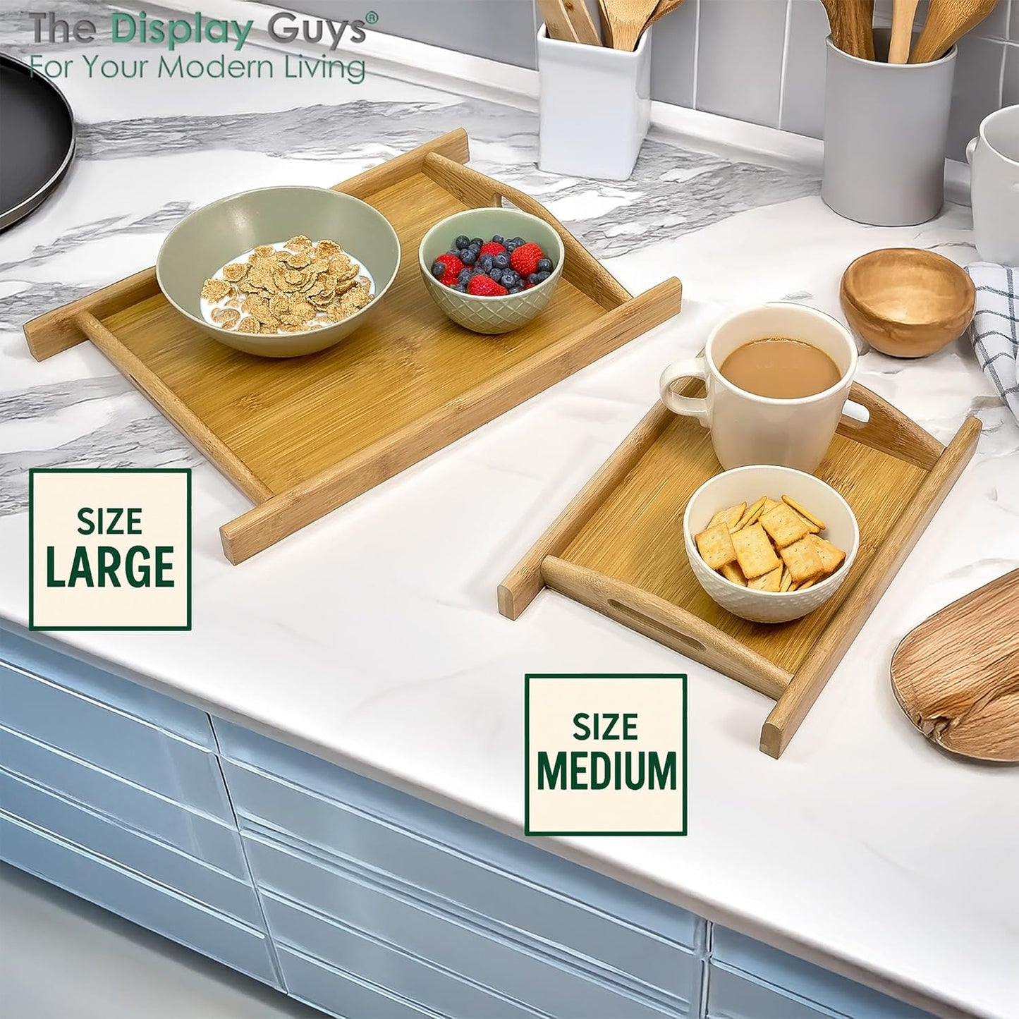 Natural Bamboo Serving Tray w/Handles (Large) - Decorative Platter for Food, Breakfast, Wooden Coffee Table, Ottoman, Couch, Picnic by The Display Guys