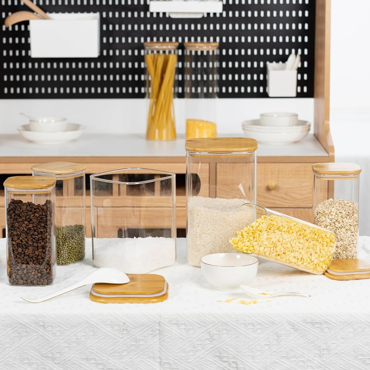 122oz Airtight Glass Square Storage Canister with Bamboo Lid Set of 2(3600ml*2) Large Storage Container Gallon Glass Jars, for Sugar, Flour, and Coffee bean (with Black Lable)