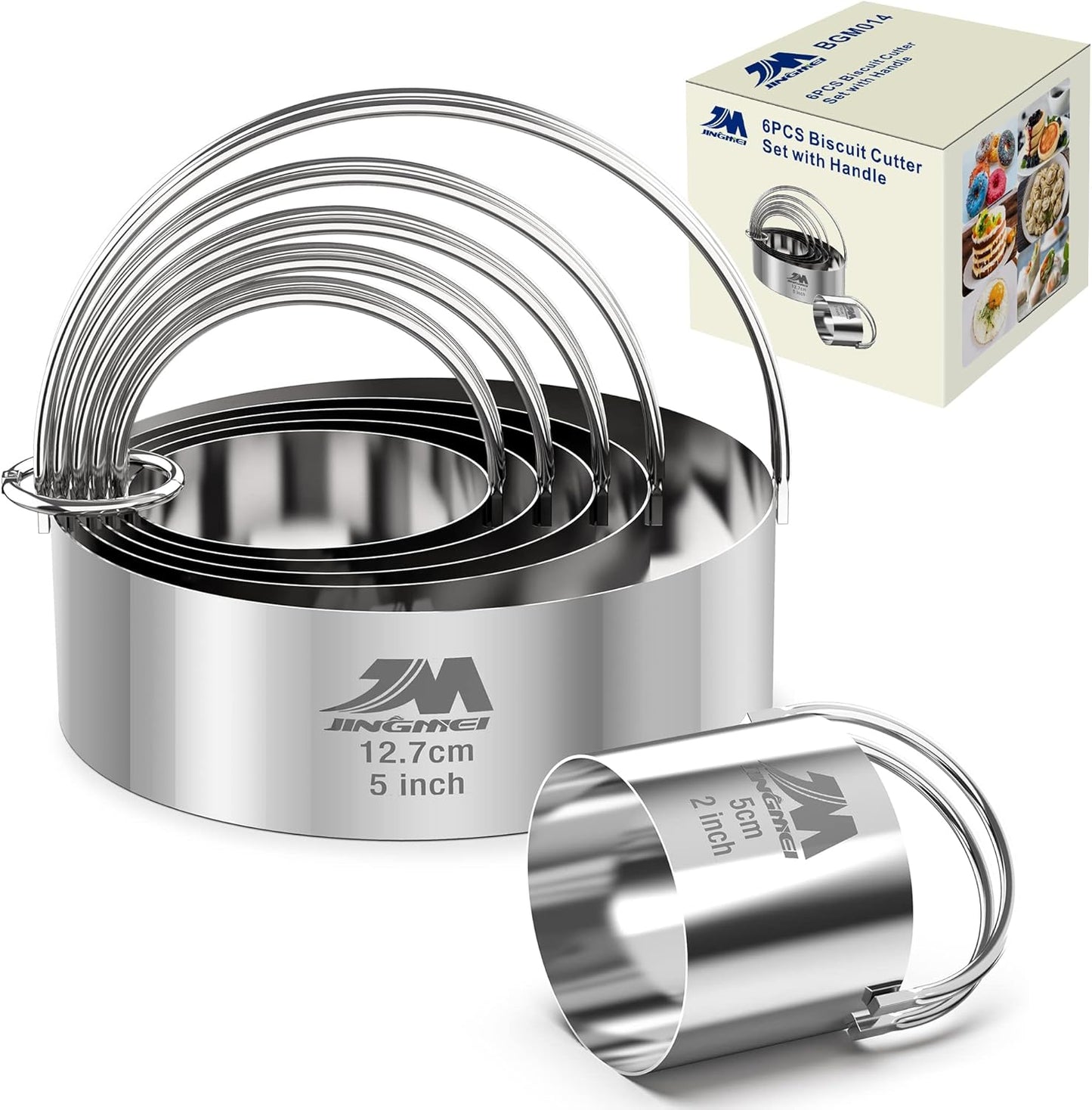 Biscuit Cutter Set for baking 2inch 2.5inch 3inch 3.5inch 4inch 5inch large size Round Metal Baking Rings with handle for Pastry, Biscuits, and Dough Cutting 6pcs set GIFT Package