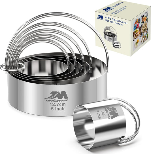 Biscuit Cutter Set for baking 2inch 2.5inch 3inch 3.5inch 4inch 5inch large size Round Metal Baking Rings with handle for Pastry, Biscuits, and Dough Cutting 6pcs set GIFT Package