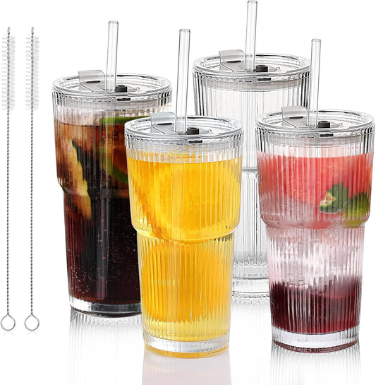 Glass Cups with Lids and Straws - 20oz Glass Tumbler with Straw and Lid, Premium Coffee Cups for Tea, Iced Coffee, Smoothie，Ideal Gift for Home, Office, 4pack