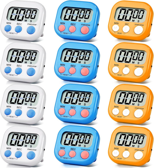 12 Pack Digital Kitchen Timer Magnetic Digital Timer with Big Display Loud Ring Cooking Timers for Kitchen Electronic Timer for Cooking, Bathing, Gym, Break Time, Classroom(12,White, Blue, Orange)