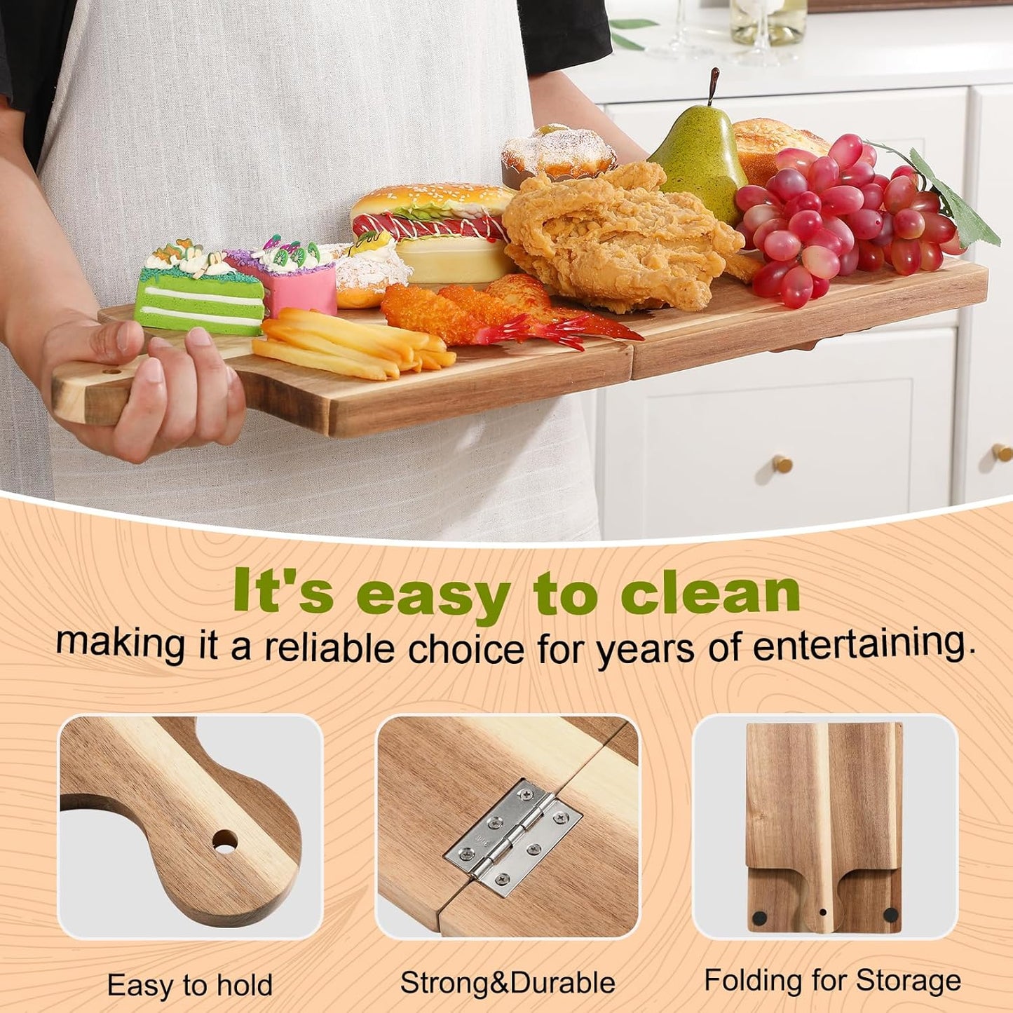 Large Acacia Charcuterie Board Wood Charcuterie Boards with Handles Foldable Travel Wooden Serving Cheese Boards for Party Food Appetizers Housewarming Gift Meat Party(31.5 x 8.7inch)