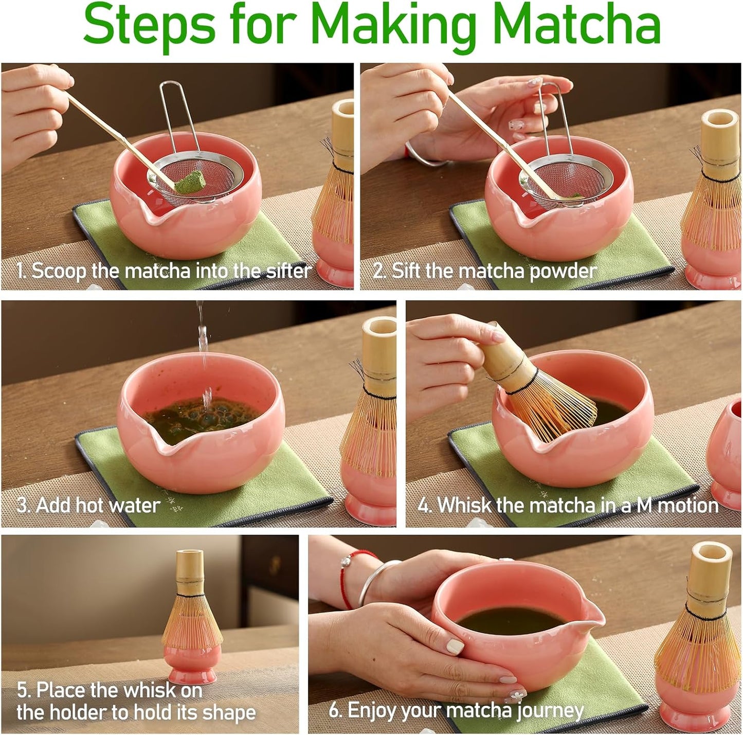 Matcha Whisk Set, Ceramic Matcha Set with Spout, Matcha Bowl Kit with Sifter, Whisk and Holder, Bamboo Scoop, Scoop Rest, Tea Towel, 7 Pcs Matcha Kit Set for Making Breakfast/Latte for Matcha Lovers