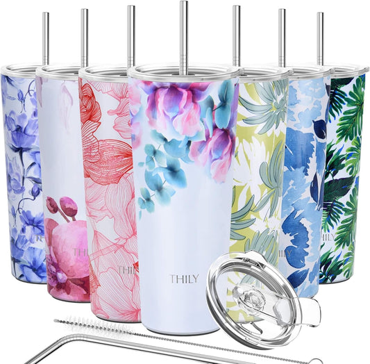 THILY Stainless Steel Vacuum Insulated Tumbler Travel Mug 26 oz Coffee Cup with 2 Lids and Straws, Splash Proof, Keep Ice Drinks Cold, Pink Lilies