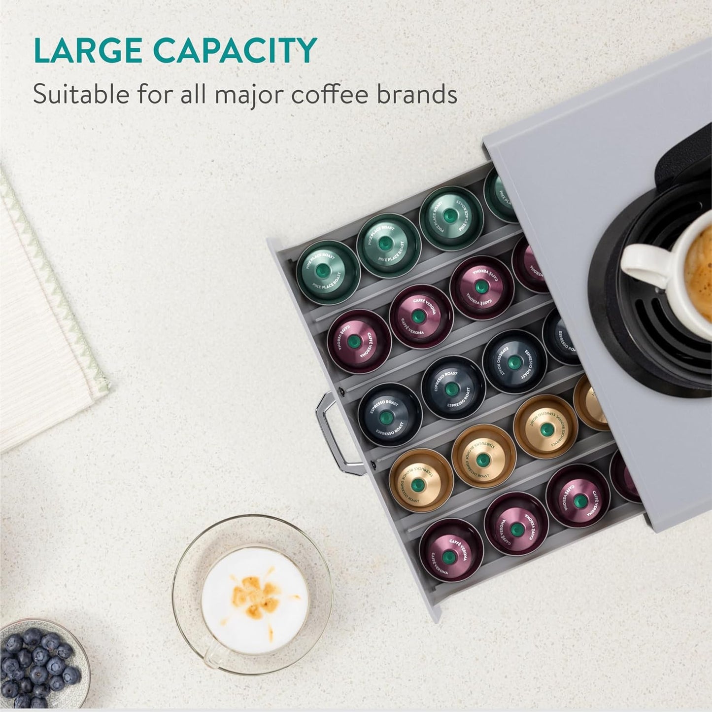 Navaris Coffee Pod Holder Drawer - 50 Capsule Storage Organizer Tray Counter Container - Fits Standard Sizes of Pods and Capsules - 1 Drawer Design - Gray