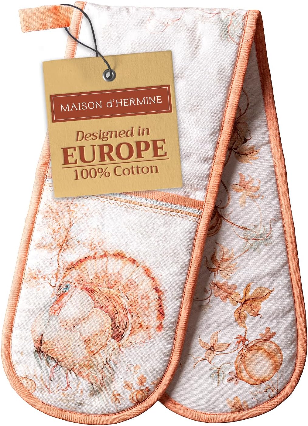 Maison d' Hermine Double Oven Mitts 100% Cotton 7"x35" Double Oven Mitt Heat Resistant BBQ Cooking Gloves with Loop, Baking, Grilling, Home, Kitchen, Handling Hot Pans (Giving Thanks)