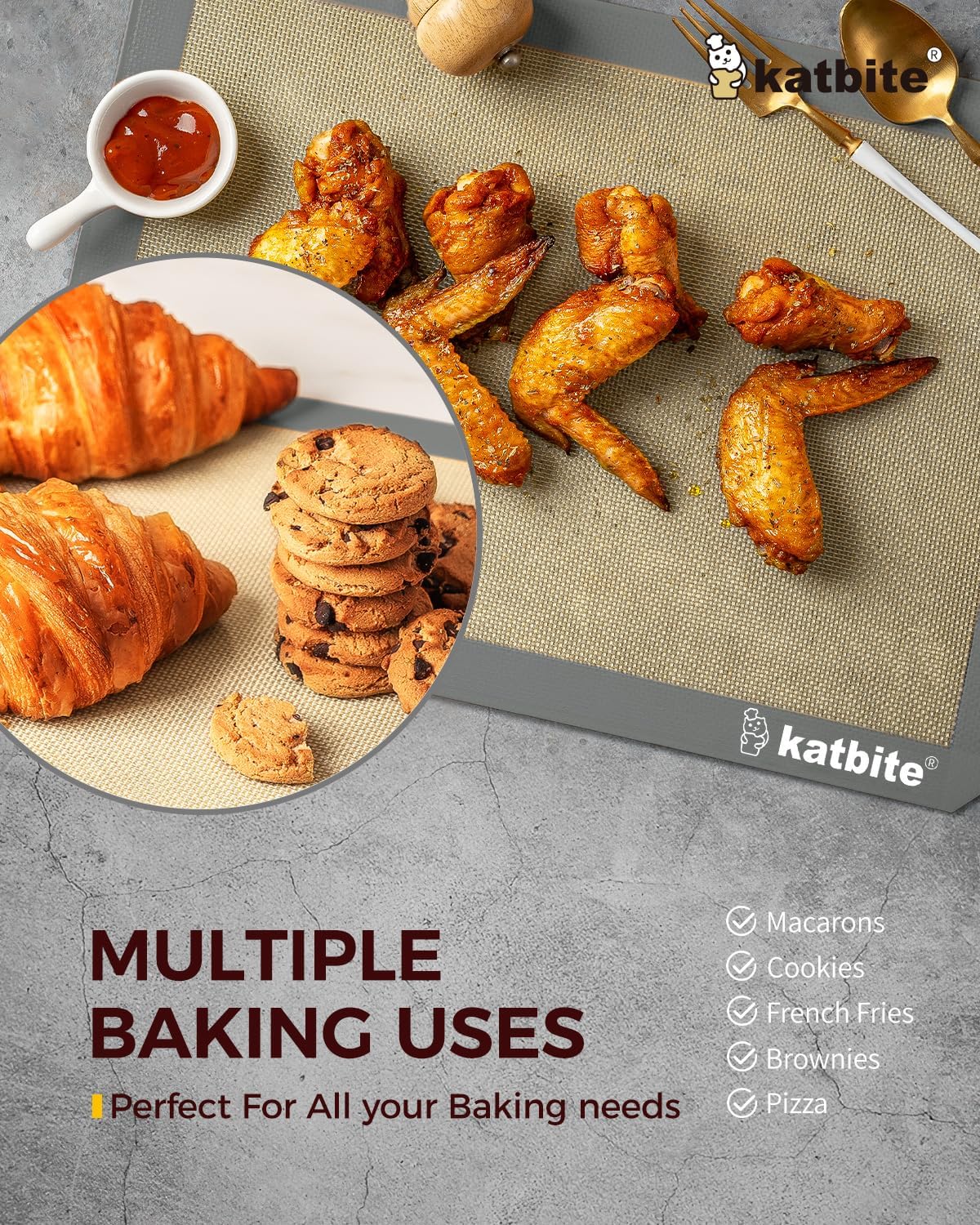 Silicone Baking Mat, Katbite Large Baking Mat Set of 3-2 Half Sheets Mats (11 5/8" x 16 1/2") + 1 Quarter Baking Sheets, Reusable & Nonstick Bakeware Mats for Cookies, Macarons, Bread and Pastry