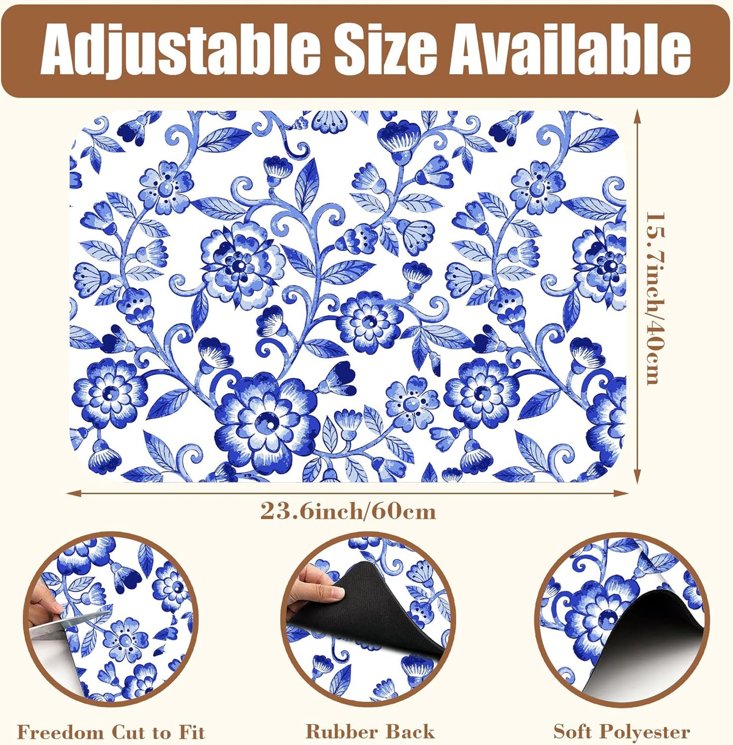 Dish Drying Mat Watercolor Blue Flowers Coffee Bar Mat for Countertop - Absorbent, Rubber Backed, Hide Stain Dish Drainer Rack - Coffee Maker Pot Dining Room Decor 15.7 x 23.6 Inch