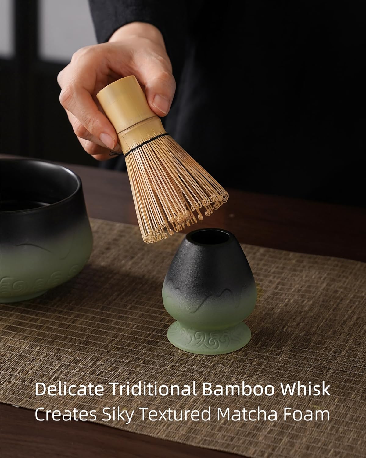 ZENS Matcha Whisk Set, 15oz Matcha Set with Bowl and Bamboo Whisk, Sifter, Scoop, (Chasen Holder) -Tea Towel, 6pcs Matcha Kit Chawan for Matcha-Making, Sage Green