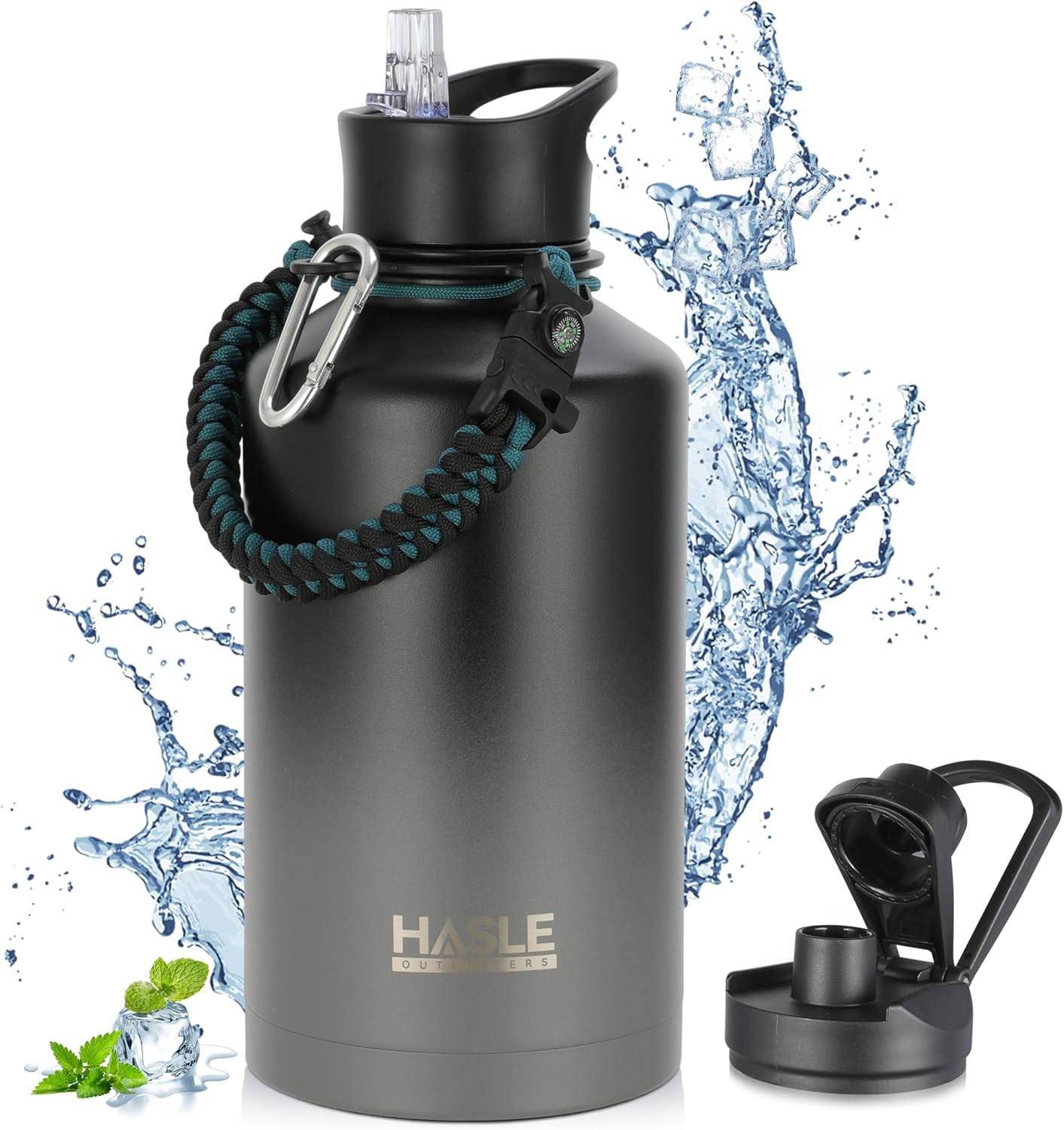 HASLE OUTFITTERS Half Gallon Insulated Water Bottles 64 oz, Stainless Steel Metal Water Jug with 2 Lids Keep Cold 48h/Hot 24h, Leak Proof & BPA-Free Water Flask Jug(Black Gray Gradient,1)